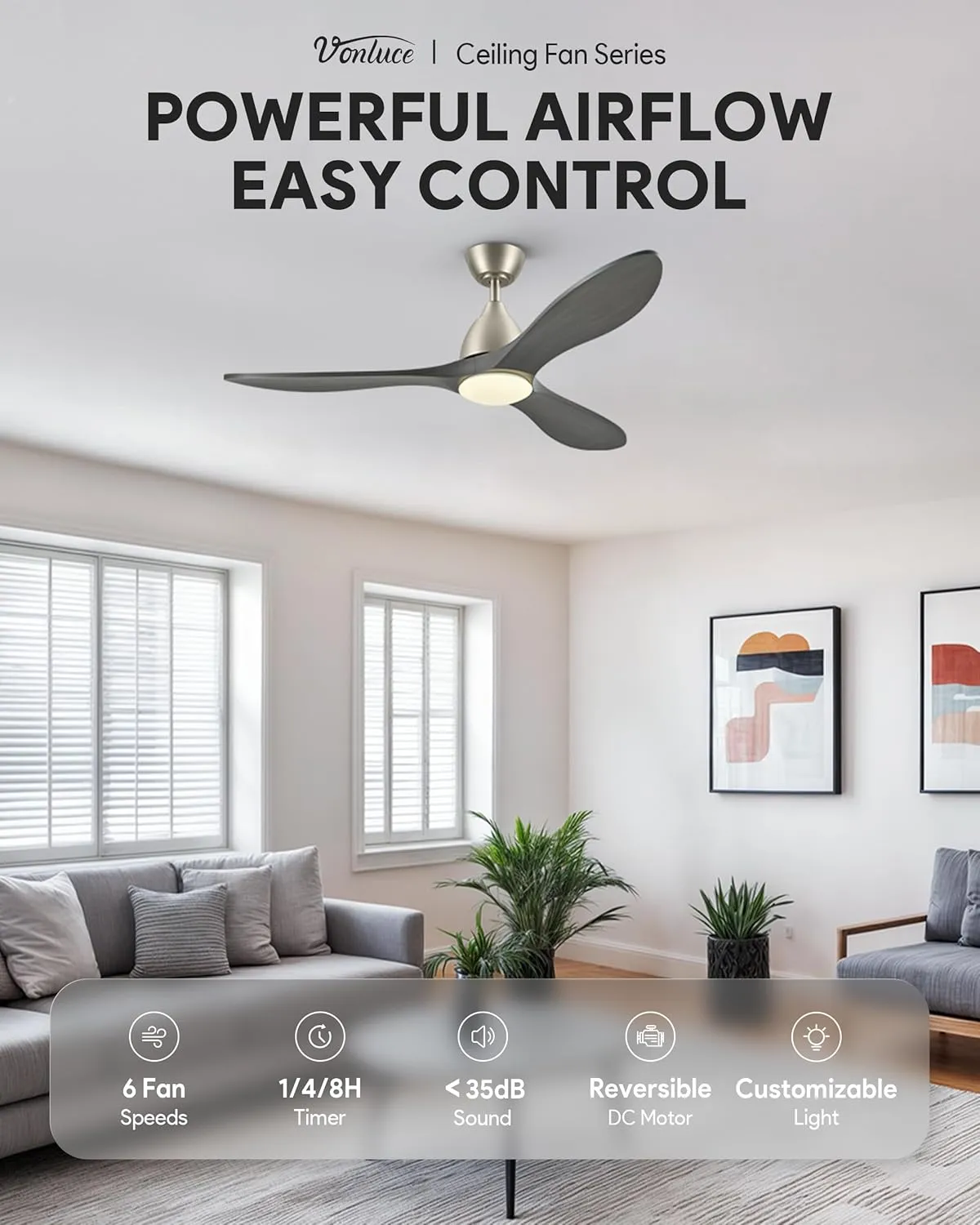 VONLUCE Ceiling Fans with Lights, 52 inch Smart Ceiling Fan with Remote/APP/Alexa Control, 3 Blades, 6 Speeds, Noiseless Reversible DC Motor, Wood Ceiling Fan for Bedroom Farmhouse, Grey