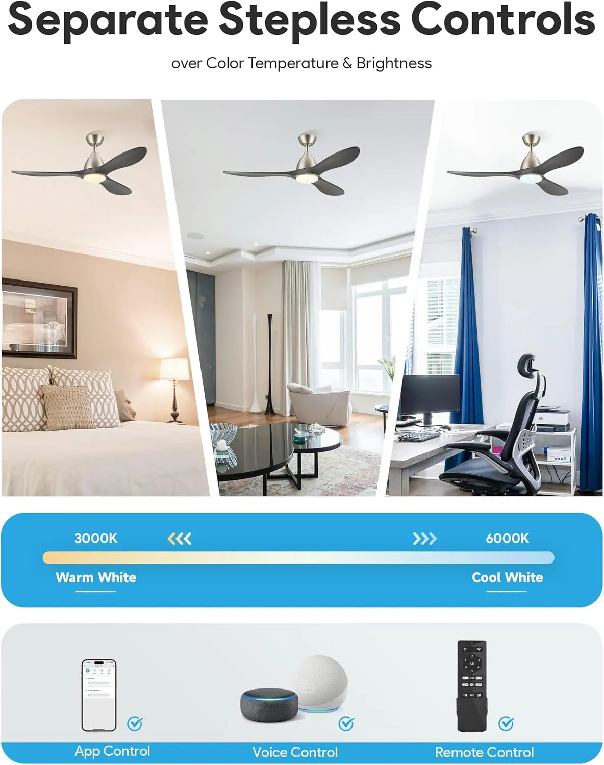 VONLUCE Ceiling Fans with Lights, 52 inch Smart Ceiling Fan with Remote/APP/Alexa Control, 3 Blades, 6 Speeds, Noiseless Reversible DC Motor, Wood Ceiling Fan for Bedroom Farmhouse, Grey