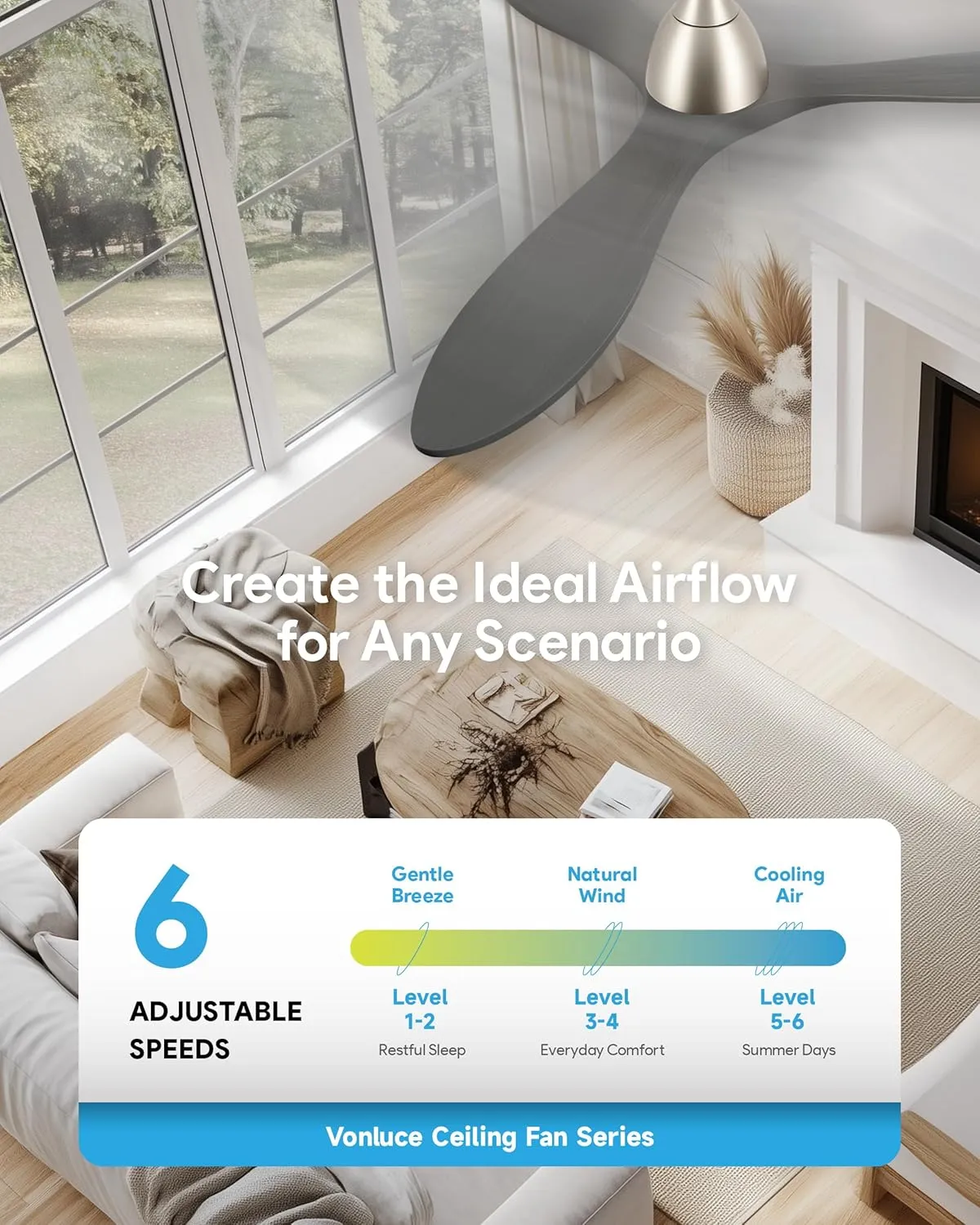 VONLUCE Ceiling Fans with Lights, 52 inch Smart Ceiling Fan with Remote/APP/Alexa Control, 3 Blades, 6 Speeds, Noiseless Reversible DC Motor, Wood Ceiling Fan for Bedroom Farmhouse, Grey