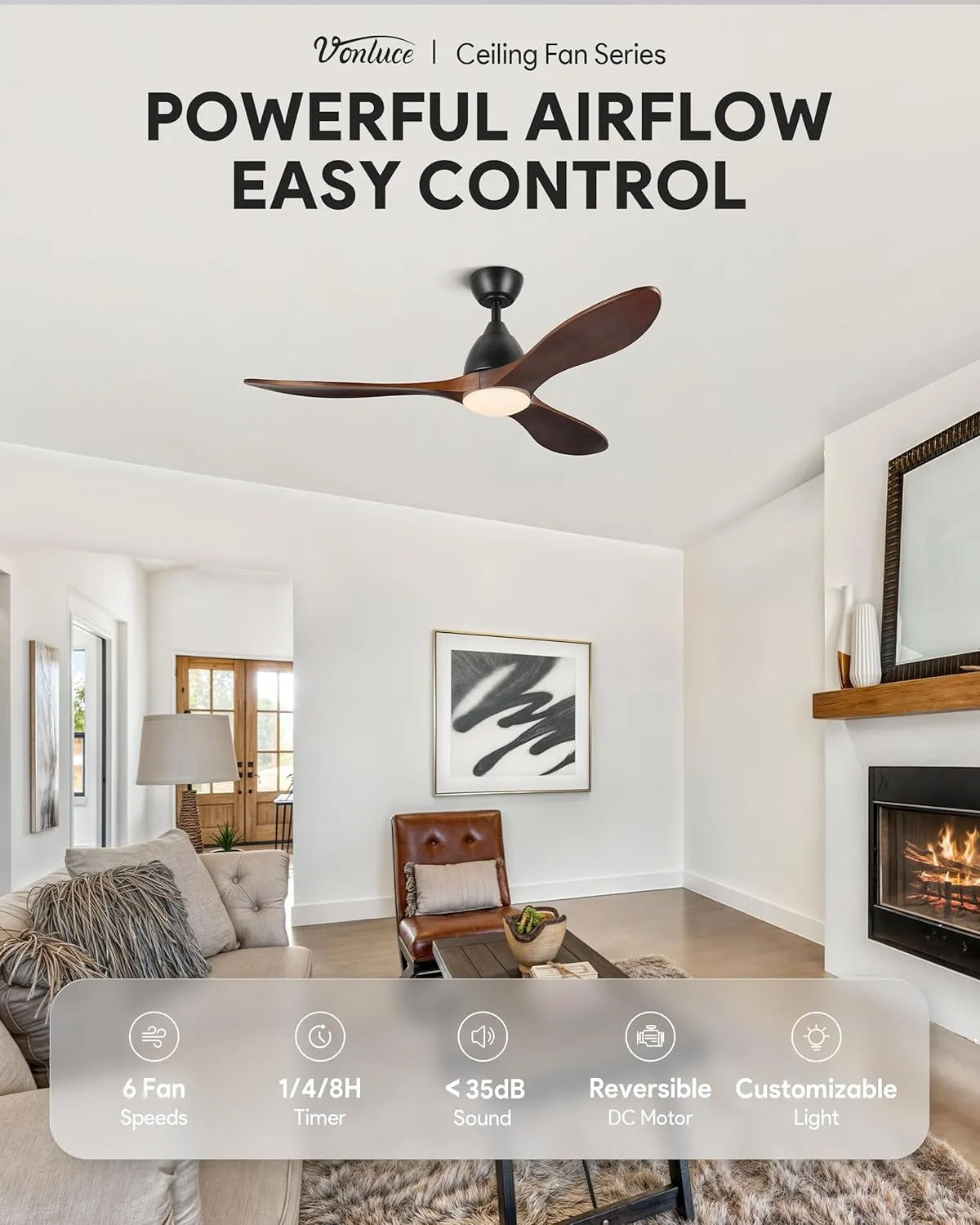 VONLUCE Ceiling Fans with Lights, 52 inch Smart Ceiling Fan with Remote/APP/Alexa Control, 3 Blades, 6 Speeds, Noiseless Reversible DC Motor, Wood Ceiling Fan for Bedroom Farmhouse, Walnut