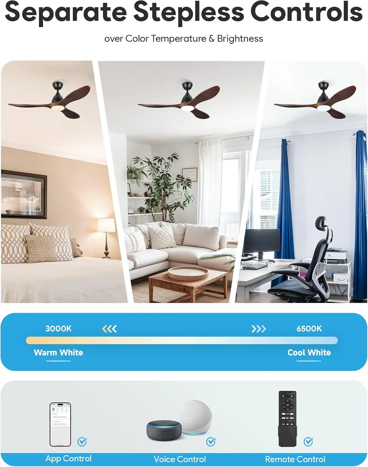 VONLUCE Ceiling Fans with Lights, 52 inch Smart Ceiling Fan with Remote/APP/Alexa Control, 3 Blades, 6 Speeds, Noiseless Reversible DC Motor, Wood Ceiling Fan for Bedroom Farmhouse, Walnut
