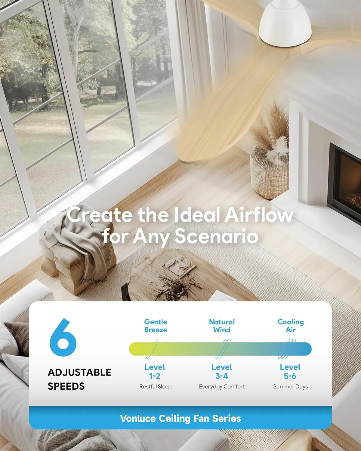 VONLUCE Ceiling Fans with Lights, 52 inch Smart Ceiling Fan with Remote/APP/Alexa Control, 3 Blades, 6 Speeds, Noiseless Reversible DC Motor, Wood Ceiling Fan for Bedroom Farmhouse, White