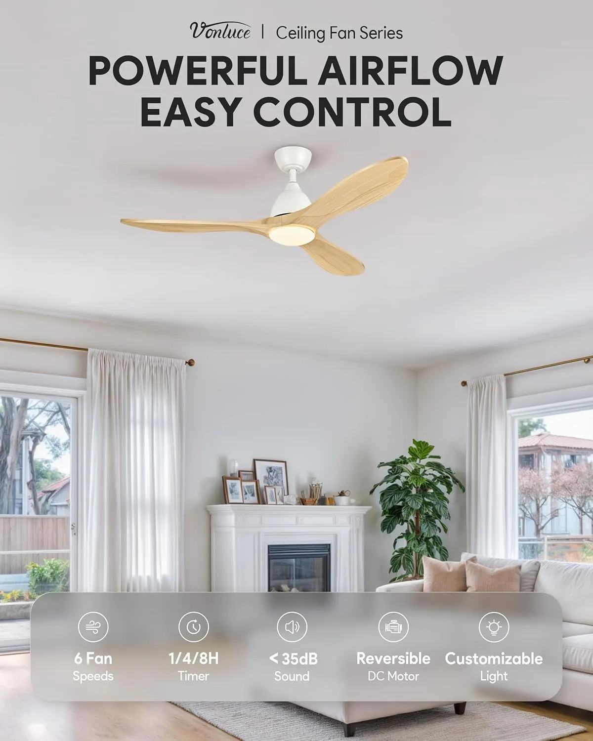 VONLUCE Ceiling Fans with Lights, 52 inch Smart Ceiling Fan with Remote/APP/Alexa Control, 3 Blades, 6 Speeds, Noiseless Reversible DC Motor, Wood Ceiling Fan for Bedroom Farmhouse, White