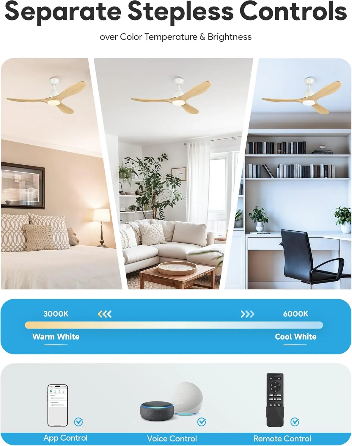 VONLUCE Ceiling Fans with Lights, 52 inch Smart Ceiling Fan with Remote/APP/Alexa Control, 3 Blades, 6 Speeds, Noiseless Reversible DC Motor, Wood Ceiling Fan for Bedroom Farmhouse, White