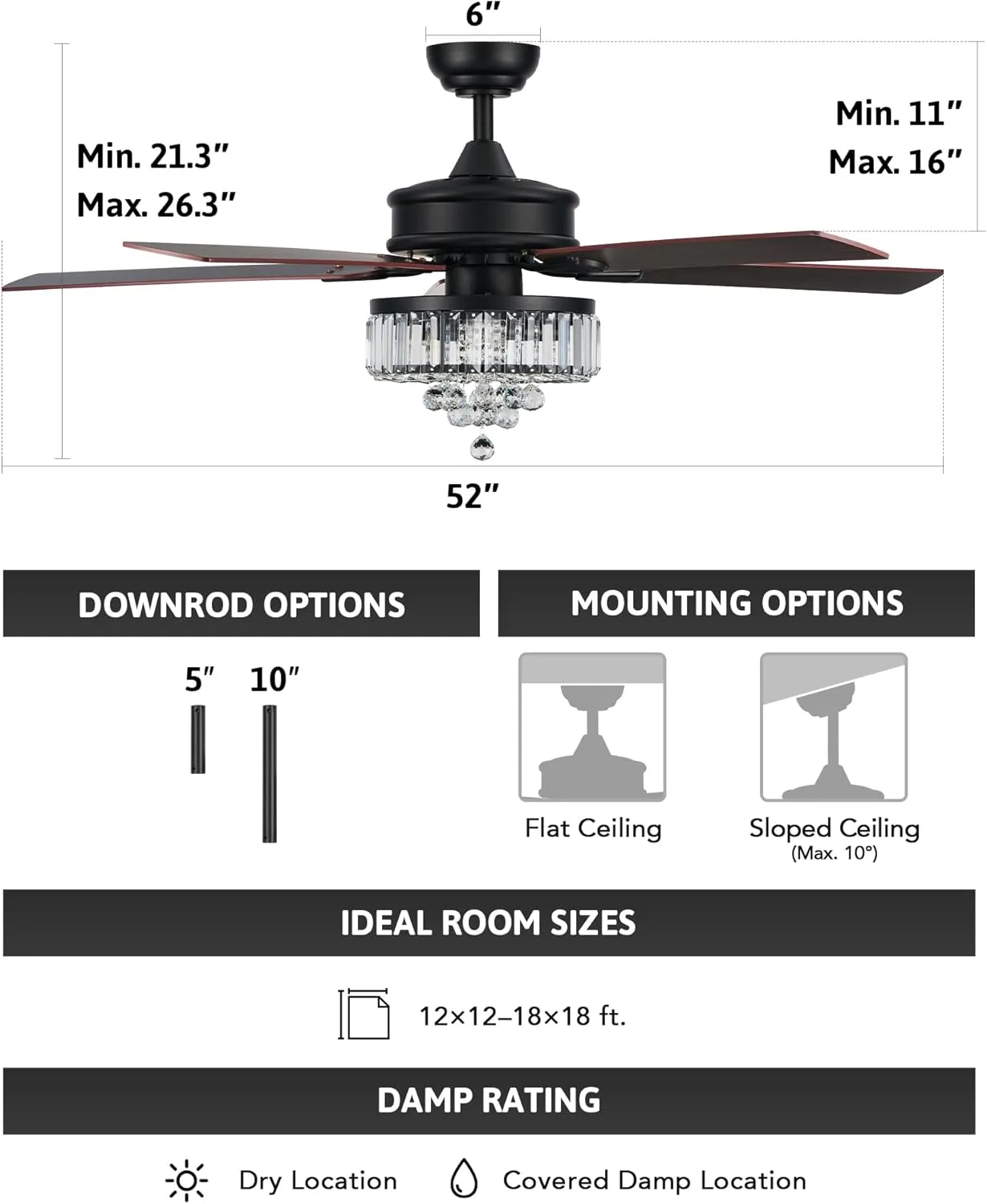 VONLUCE Ceiling Fans with Lights, 52" Crystal Ceiling Fan and Remote, 5 Blades, 6-Speeds Noiseless Reversible DC Motor, Chandelier Ceiling Fan for Farmhouse Bedroom Indoor, Black