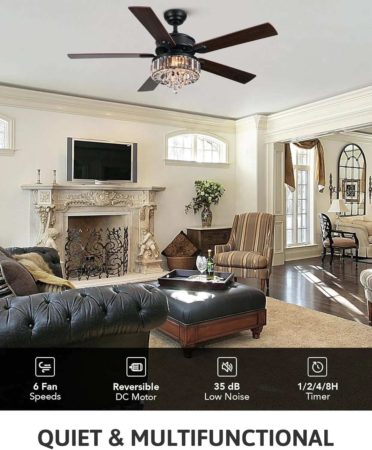 VONLUCE Ceiling Fans with Lights, 52" Crystal Ceiling Fan and Remote, 5 Blades, 6-Speeds Noiseless Reversible DC Motor, Chandelier Ceiling Fan for Farmhouse Bedroom Indoor, Black