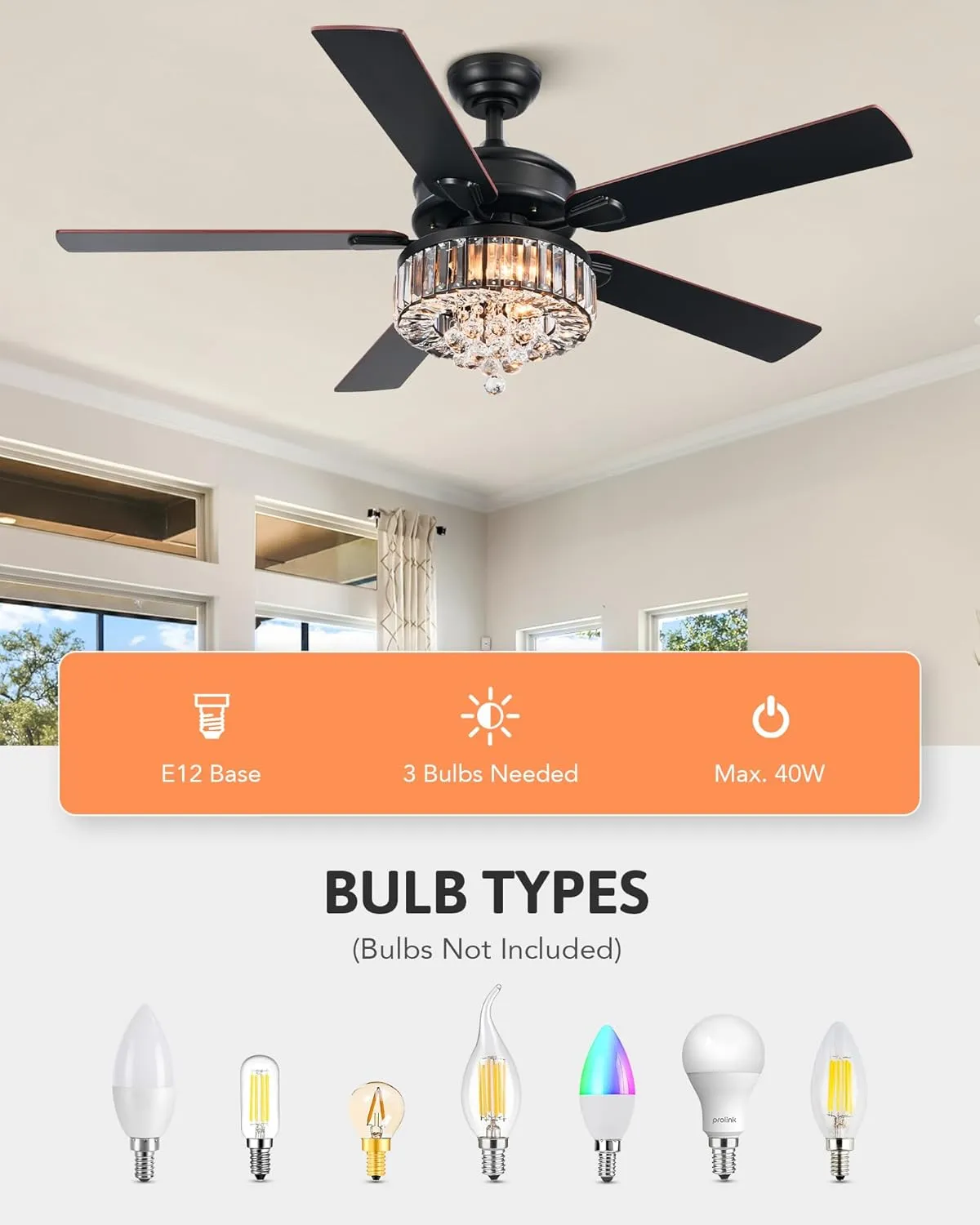VONLUCE Ceiling Fans with Lights, 52" Crystal Ceiling Fan and Remote, 5 Blades, 6-Speeds Noiseless Reversible DC Motor, Chandelier Ceiling Fan for Farmhouse Bedroom Indoor, Black