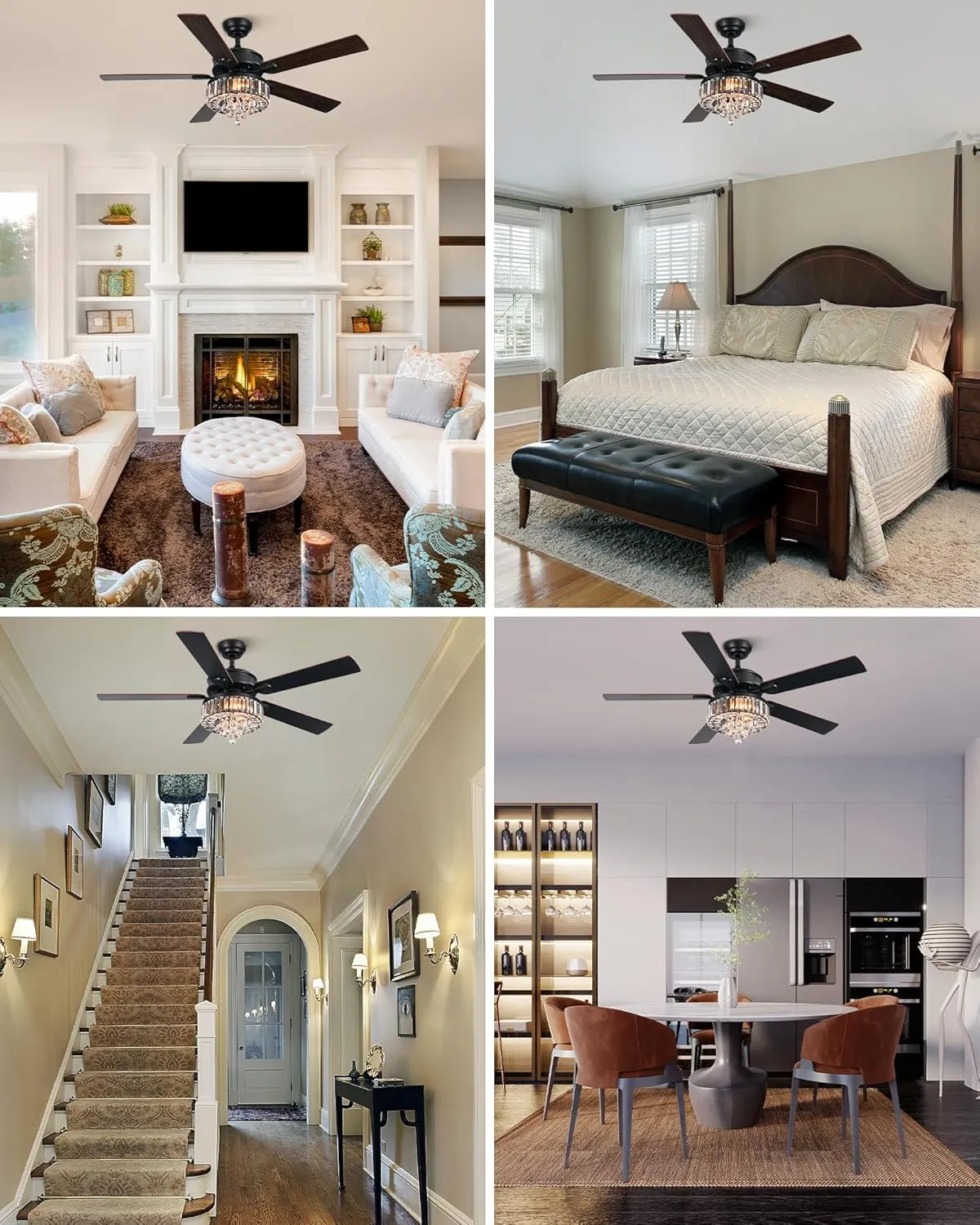 VONLUCE Ceiling Fans with Lights, 52" Crystal Ceiling Fan and Remote, 5 Blades, 6-Speeds Noiseless Reversible DC Motor, Chandelier Ceiling Fan for Farmhouse Bedroom Indoor, Black