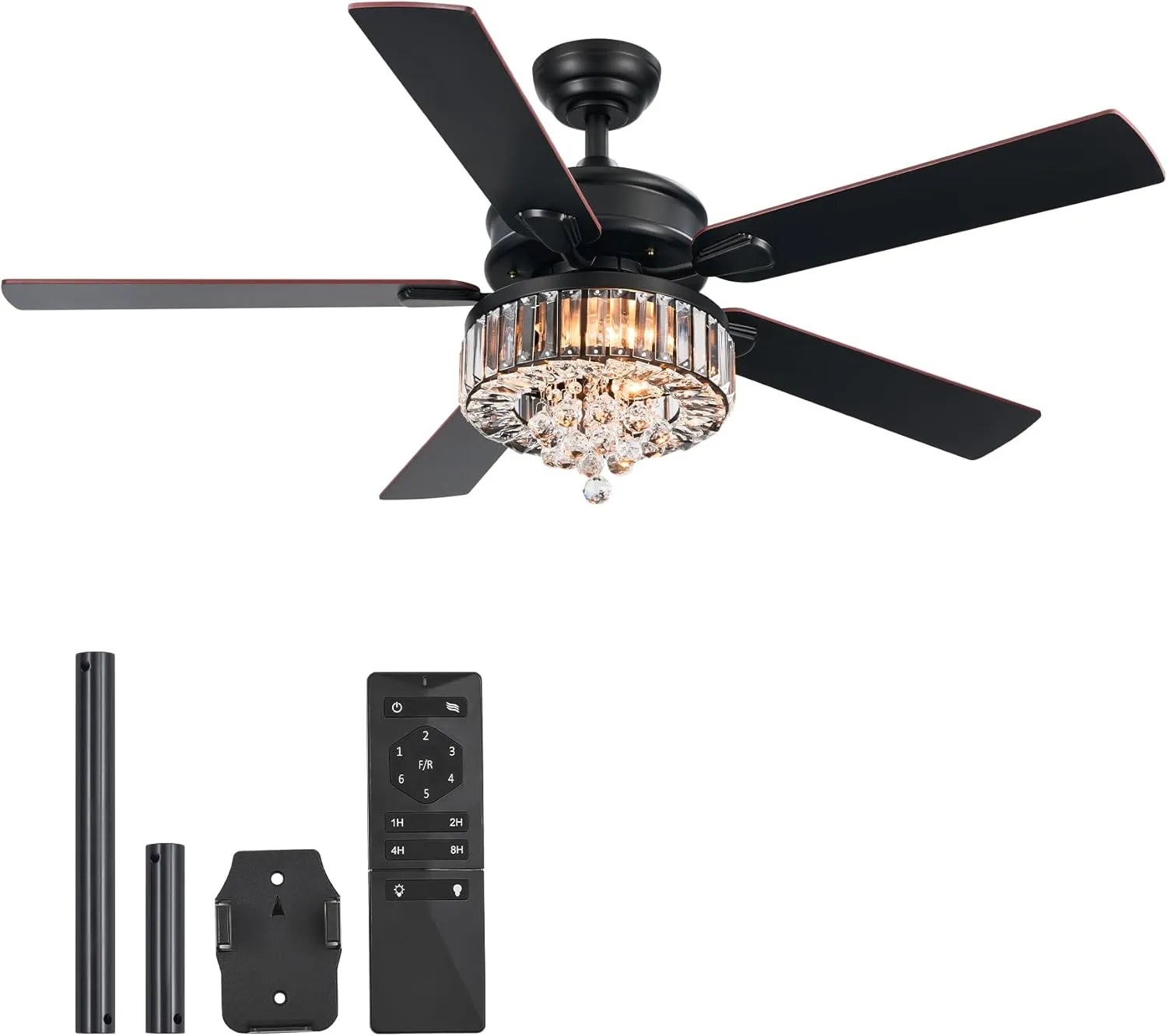VONLUCE Ceiling Fans with Lights, 52" Crystal Ceiling Fan and Remote, 5 Blades, 6-Speeds Noiseless Reversible DC Motor, Chandelier Ceiling Fan for Farmhouse Bedroom Indoor, Black Fan with safety blade design