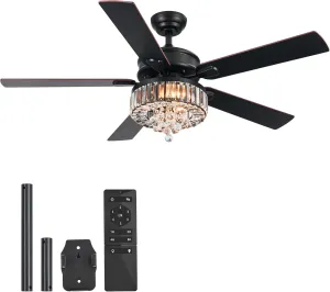 VONLUCE Ceiling Fans with Lights, 52" Crystal Ceiling Fan and Remote, 5 Blades, 6-Speeds Noiseless Reversible DC Motor, Chandelier Ceiling Fan for Farmhouse Bedroom Indoor, Black Fan with safety blade design