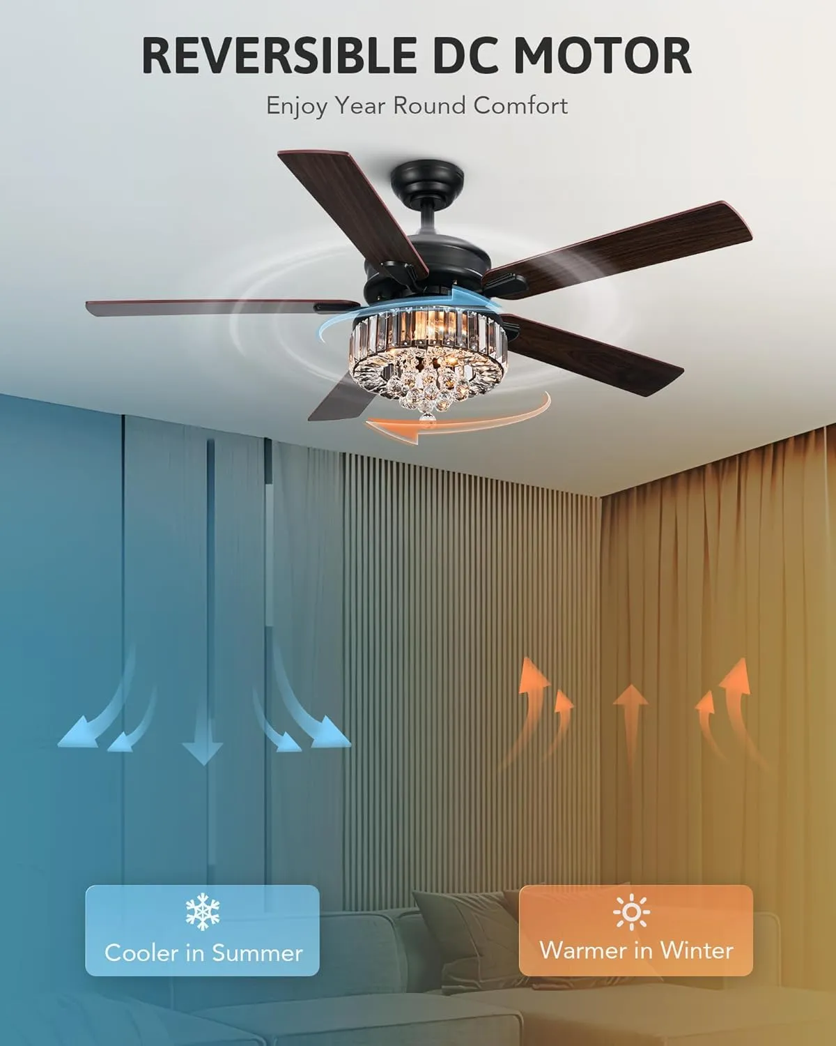 VONLUCE Ceiling Fans with Lights, 52" Crystal Ceiling Fan and Remote, 5 Blades, 6-Speeds Noiseless Reversible DC Motor, Chandelier Ceiling Fan for Farmhouse Bedroom Indoor, Black