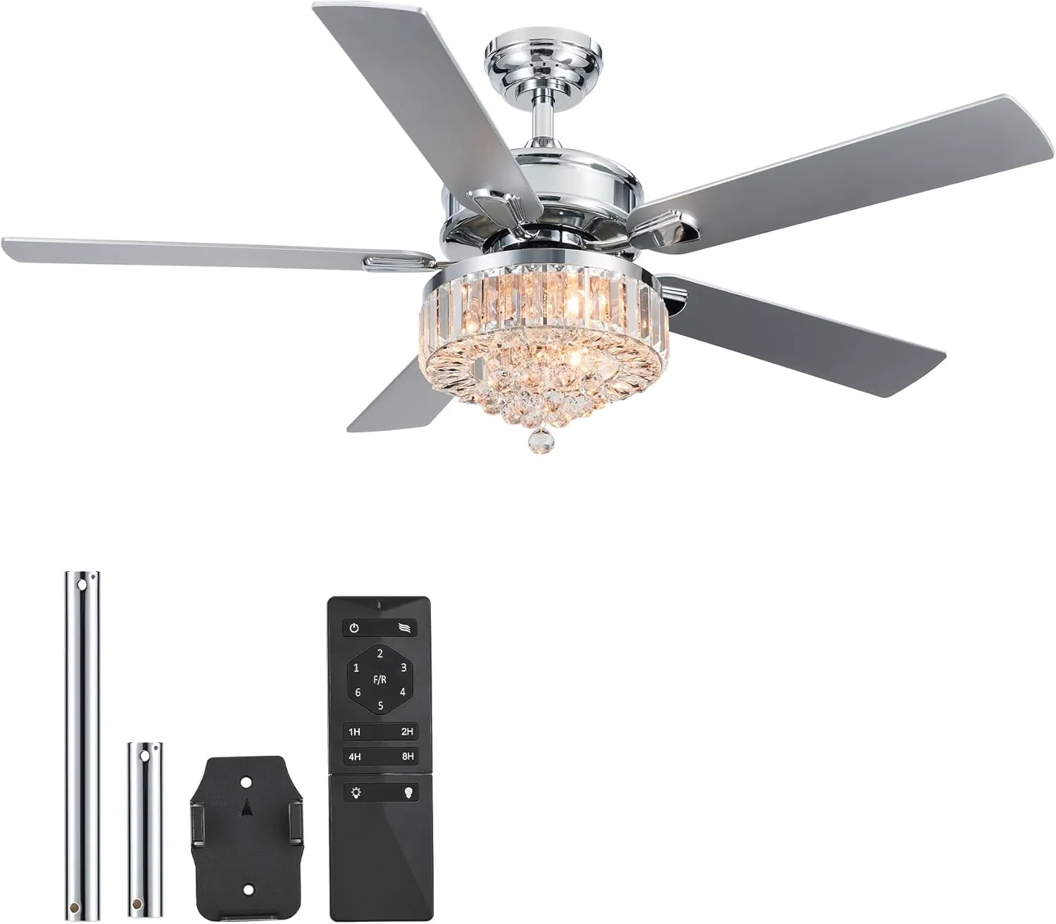 VONLUCE Ceiling Fans with Lights, 52" Crystal Ceiling Fan and Remote, 5 Blades, 6-Speeds Noiseless Reversible DC Motor, Chandelier Ceiling Fan for Farmhouse Bedroom Indoor, Nickel Fan with safety blade design