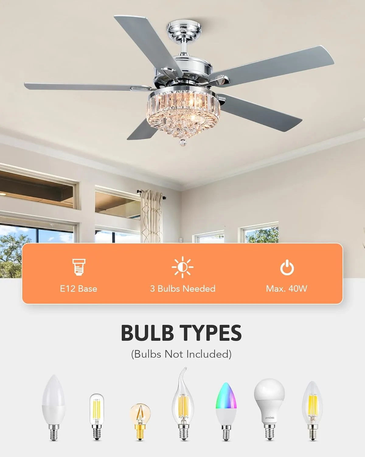 VONLUCE Ceiling Fans with Lights, 52" Crystal Ceiling Fan and Remote, 5 Blades, 6-Speeds Noiseless Reversible DC Motor, Chandelier Ceiling Fan for Farmhouse Bedroom Indoor, Nickel