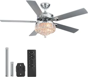 VONLUCE Ceiling Fans with Lights, 52" Crystal Ceiling Fan and Remote, 5 Blades, 6-Speeds Noiseless Reversible DC Motor, Chandelier Ceiling Fan for Farmhouse Bedroom Indoor, Nickel Fan with safety blade design