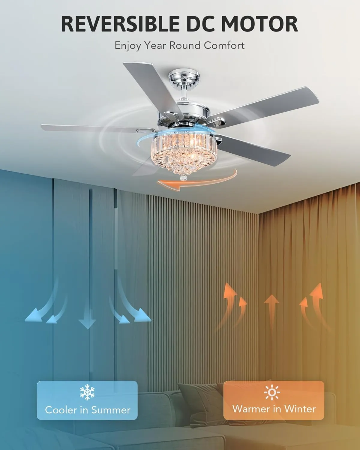 VONLUCE Ceiling Fans with Lights, 52" Crystal Ceiling Fan and Remote, 5 Blades, 6-Speeds Noiseless Reversible DC Motor, Chandelier Ceiling Fan for Farmhouse Bedroom Indoor, Nickel