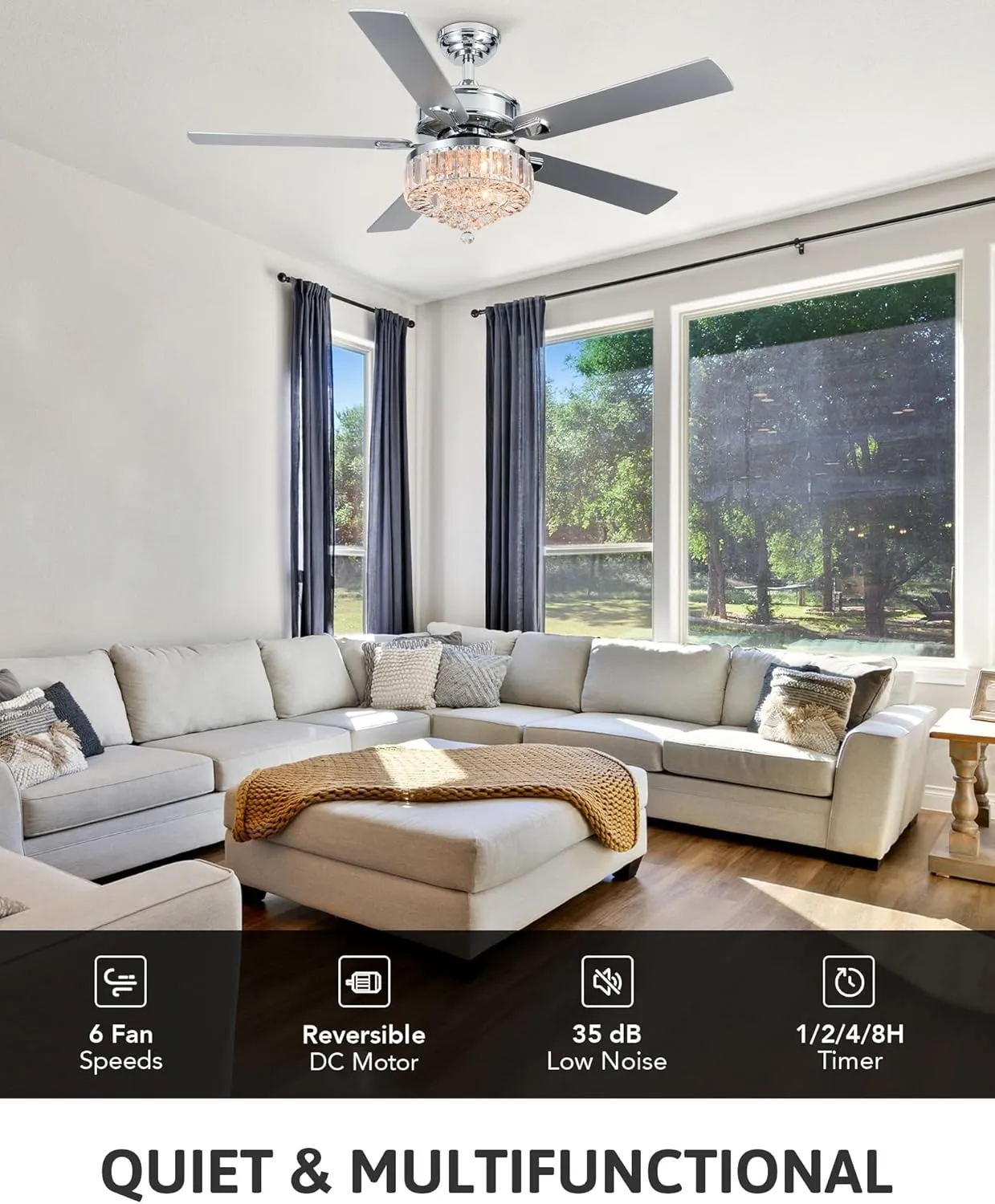 VONLUCE Ceiling Fans with Lights, 52" Crystal Ceiling Fan and Remote, 5 Blades, 6-Speeds Noiseless Reversible DC Motor, Chandelier Ceiling Fan for Farmhouse Bedroom Indoor, Nickel