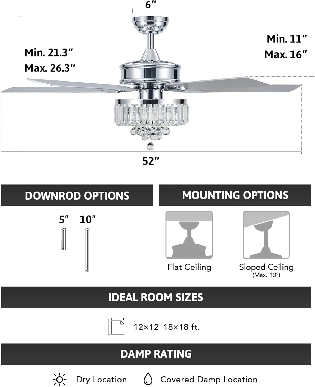 VONLUCE Ceiling Fans with Lights, 52" Crystal Ceiling Fan and Remote, 5 Blades, 6-Speeds Noiseless Reversible DC Motor, Chandelier Ceiling Fan for Farmhouse Bedroom Indoor, Nickel
