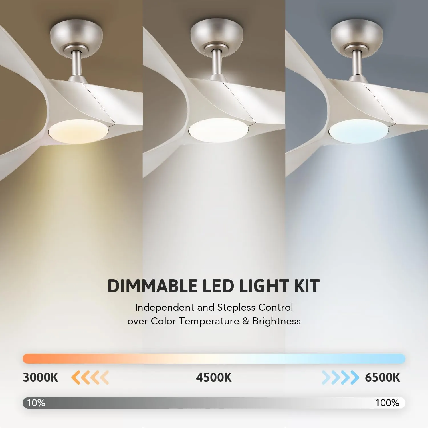VONLUCE Ceiling Fans with Lights, 52" Mid Century Ceiling Fan and Remote, Stepless Dimming, 6 Speeds Noiseless DC Motor, 3 ABS Blades, Indoor Ceiling Fan for Kitchen Bedroom Living Room, Nickel