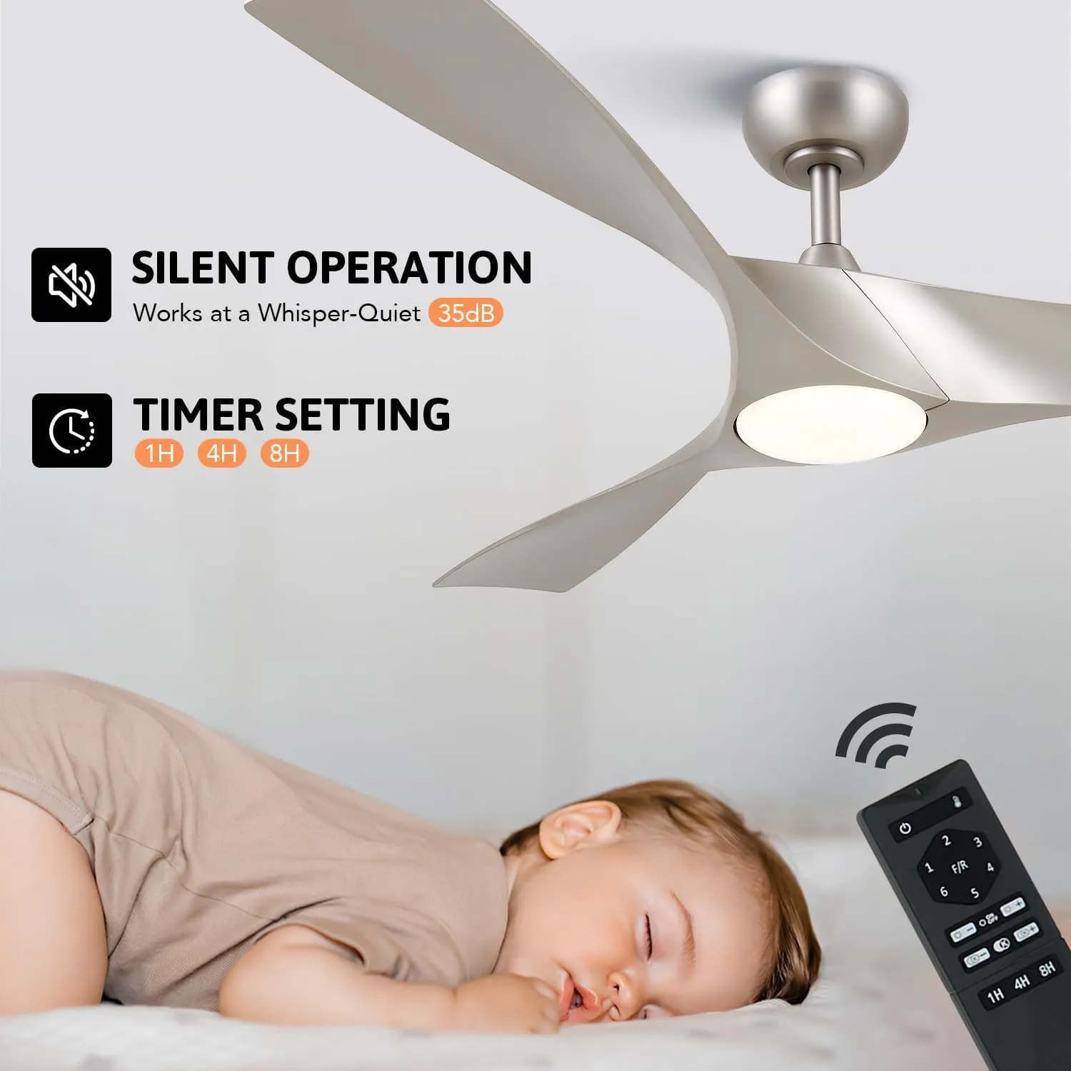 VONLUCE Ceiling Fans with Lights, 52" Mid Century Ceiling Fan and Remote, Stepless Dimming, 6 Speeds Noiseless DC Motor, 3 ABS Blades, Indoor Ceiling Fan for Kitchen Bedroom Living Room, Nickel