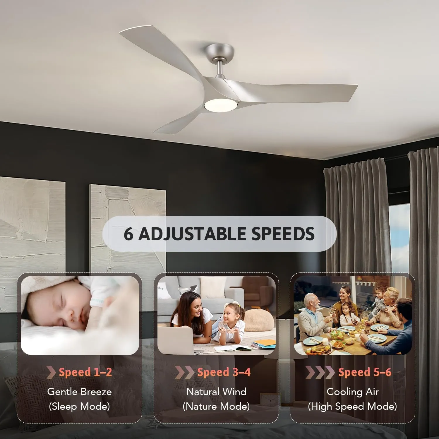 VONLUCE Ceiling Fans with Lights, 52" Mid Century Ceiling Fan and Remote, Stepless Dimming, 6 Speeds Noiseless DC Motor, 3 ABS Blades, Indoor Ceiling Fan for Kitchen Bedroom Living Room, Nickel