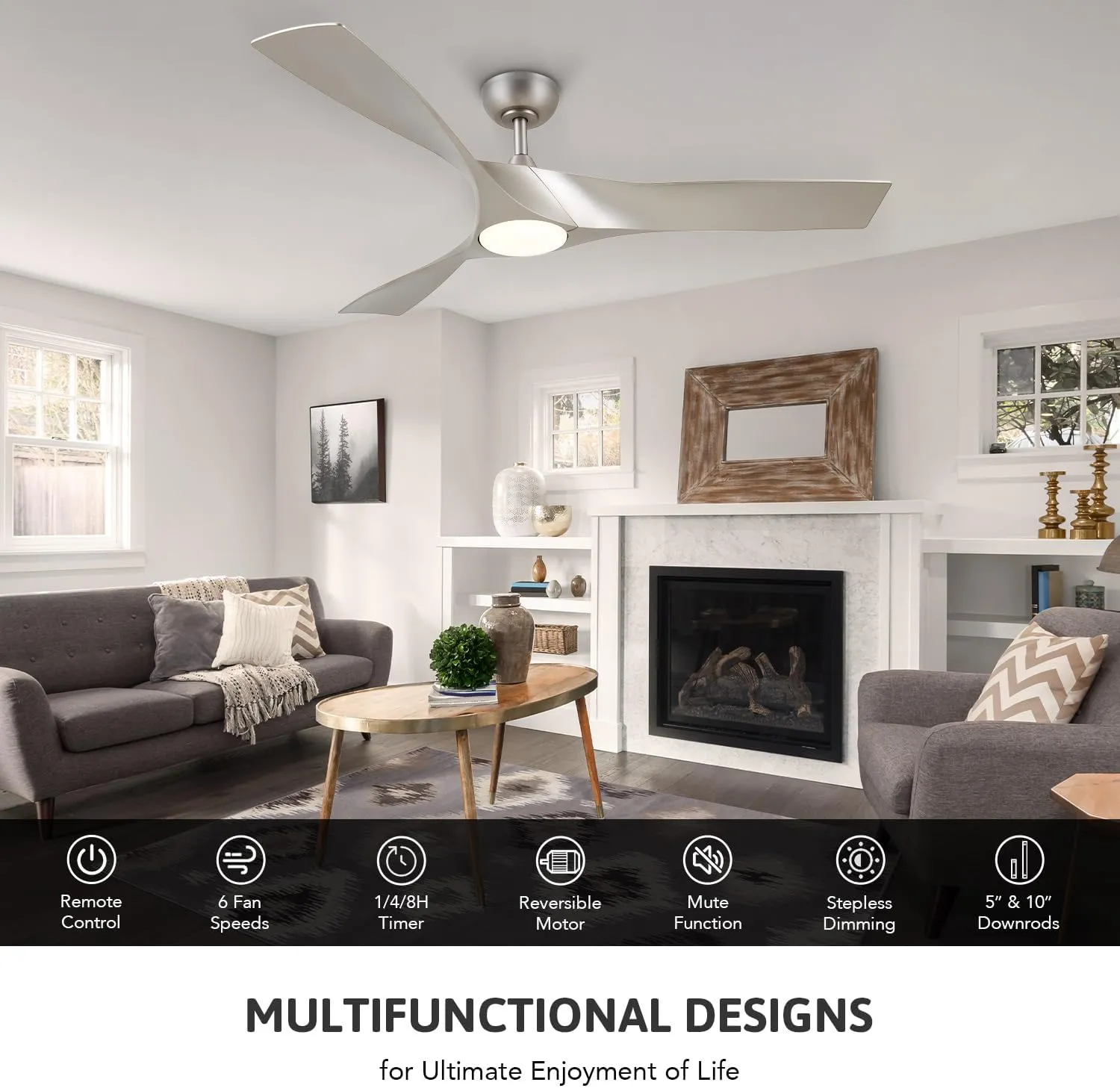 VONLUCE Ceiling Fans with Lights, 52" Mid Century Ceiling Fan and Remote, Stepless Dimming, 6 Speeds Noiseless DC Motor, 3 ABS Blades, Indoor Ceiling Fan for Kitchen Bedroom Living Room, Nickel