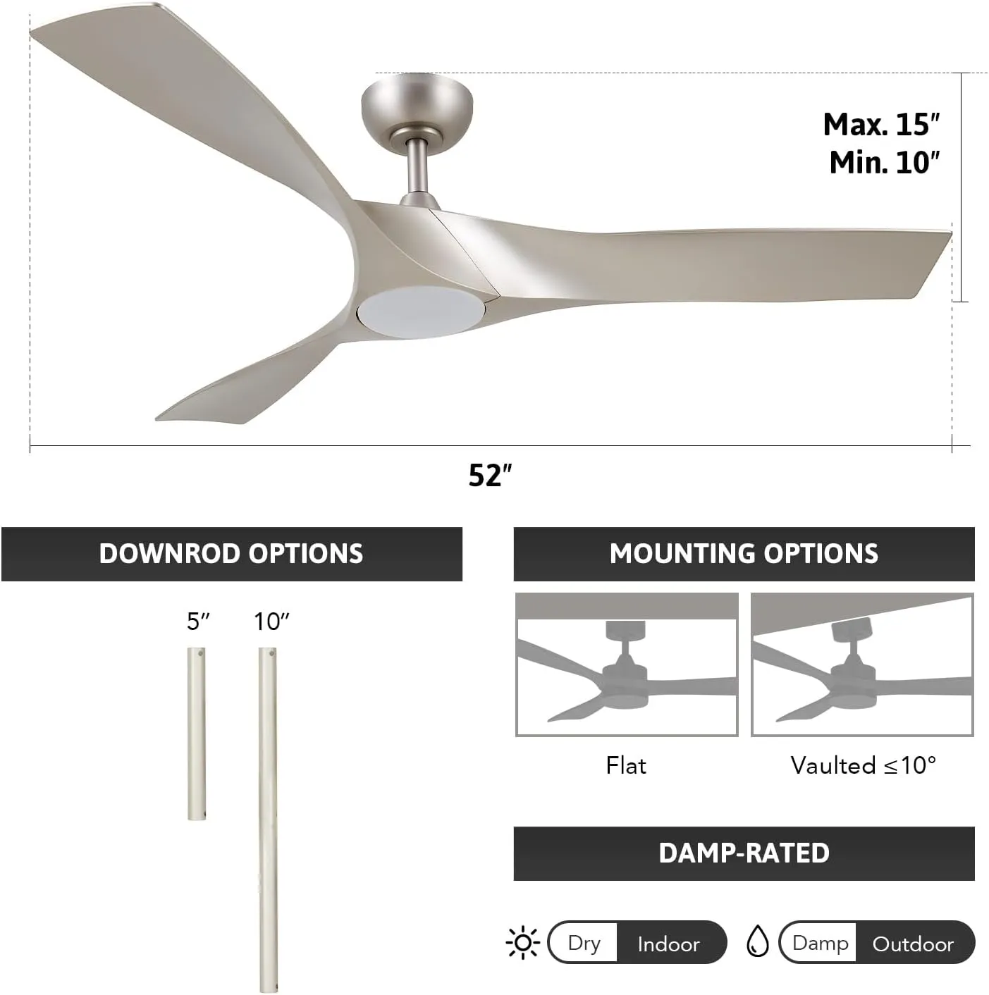 VONLUCE Ceiling Fans with Lights, 52" Mid Century Ceiling Fan and Remote, Stepless Dimming, 6 Speeds Noiseless DC Motor, 3 ABS Blades, Indoor Ceiling Fan for Kitchen Bedroom Living Room, Nickel