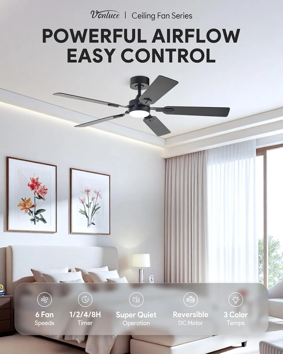 VONLUCE Ceiling Fans with Lights and Remote, 52" Ceiling Fan with 5 Blades, 6-Speeds Noiseless Reversible DC Motor for Farmhouse Bedroom Indoor, Black