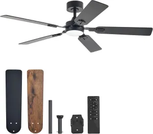 VONLUCE Ceiling Fans with Lights and Remote, 52" Ceiling Fan with 5 Blades, 6-Speeds Noiseless Reversible DC Motor for Farmhouse Bedroom Indoor, Black Fan with safety blade design