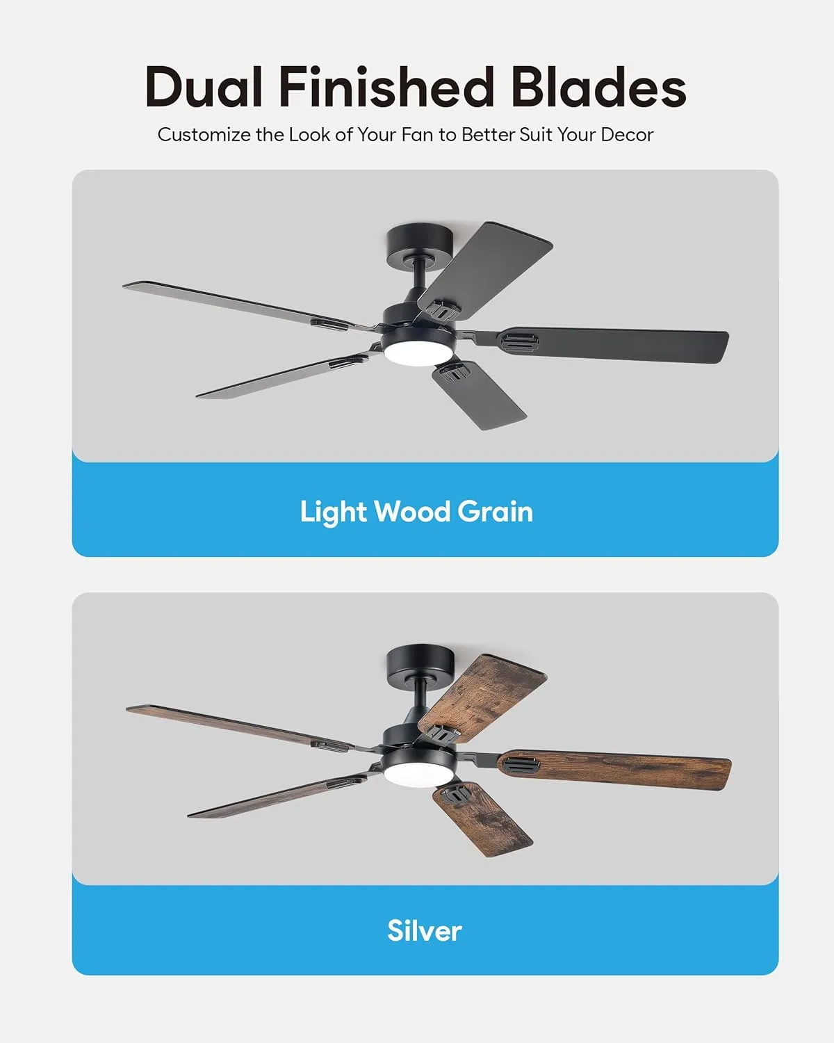VONLUCE Ceiling Fans with Lights and Remote, 52" Ceiling Fan with 5 Blades, 6-Speeds Noiseless Reversible DC Motor for Farmhouse Bedroom Indoor, Black
