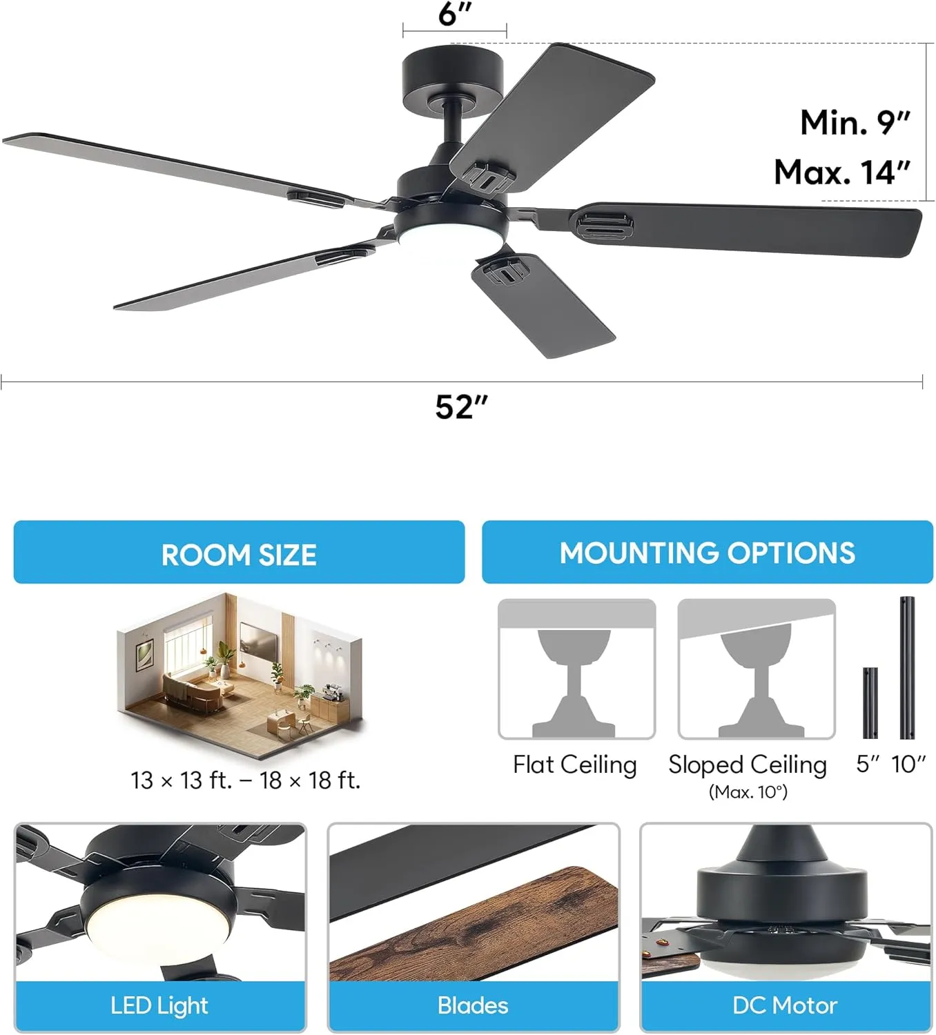 VONLUCE Ceiling Fans with Lights and Remote, 52" Ceiling Fan with 5 Blades, 6-Speeds Noiseless Reversible DC Motor for Farmhouse Bedroom Indoor, Black