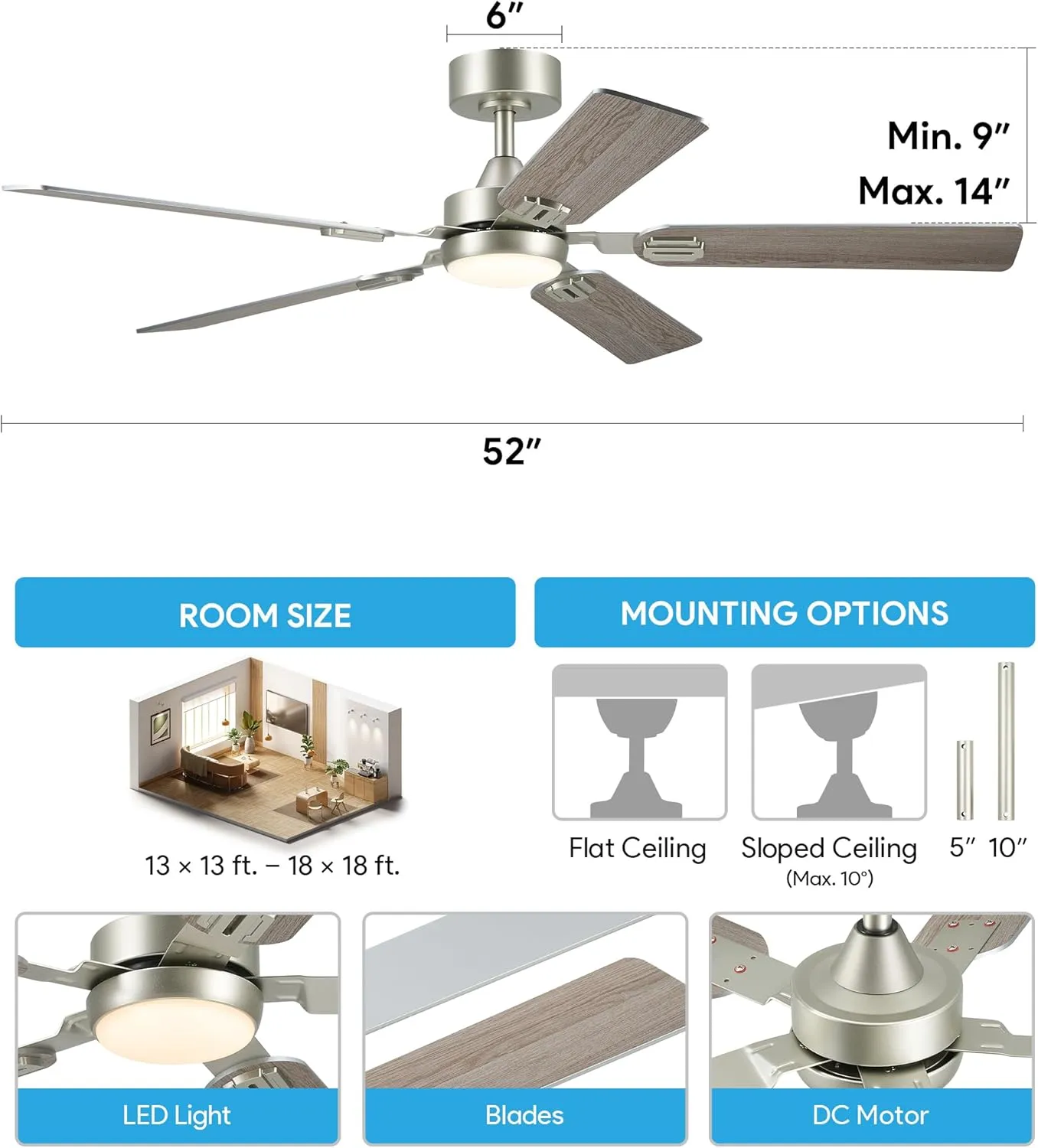 VONLUCE Ceiling Fans with Lights and Remote, 52" Ceiling Fan with 5 Blades, 6-Speeds Noiseless Reversible DC Motor for Farmhouse Bedroom Indoor, Grey