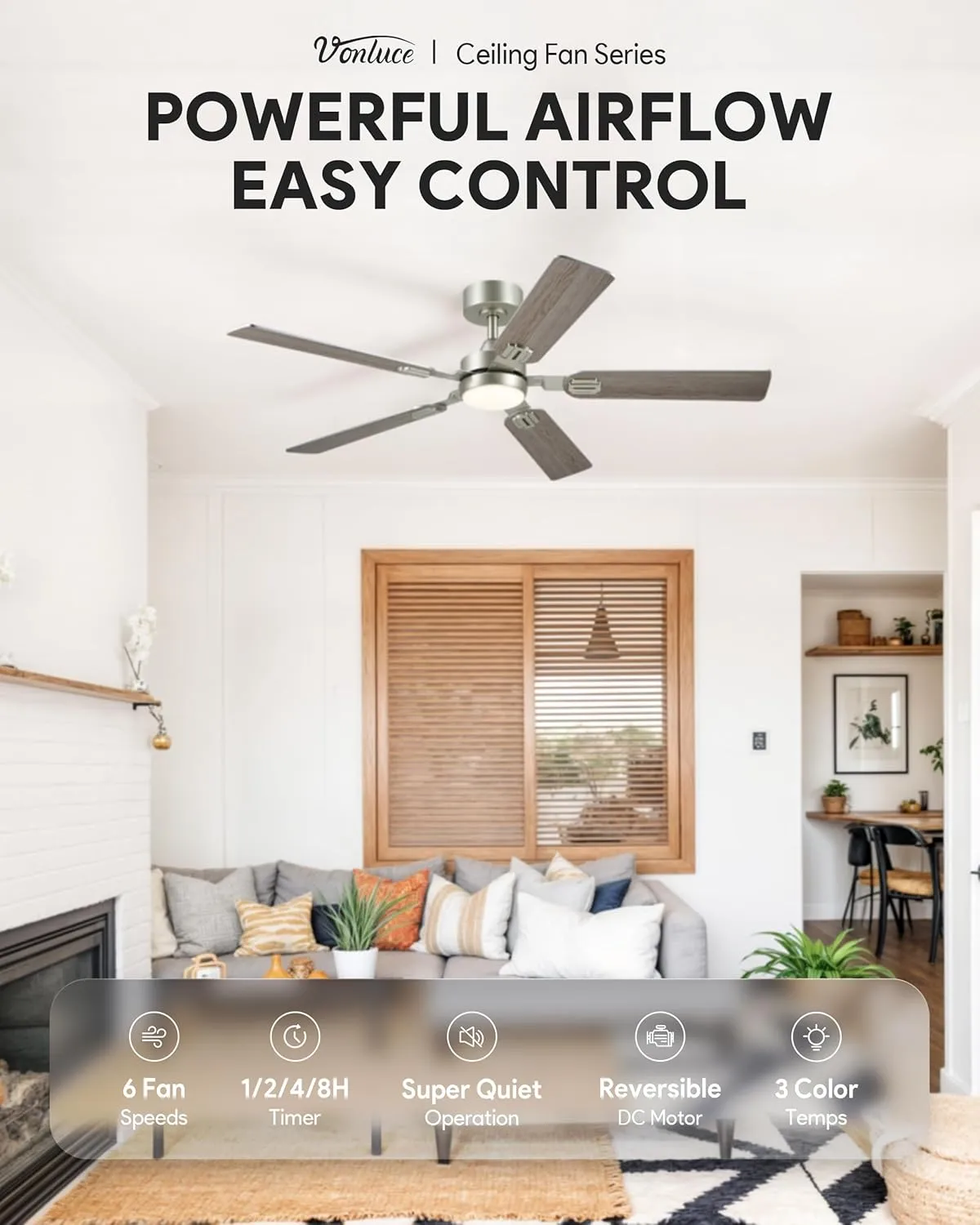 VONLUCE Ceiling Fans with Lights and Remote, 52" Ceiling Fan with 5 Blades, 6-Speeds Noiseless Reversible DC Motor for Farmhouse Bedroom Indoor, Grey