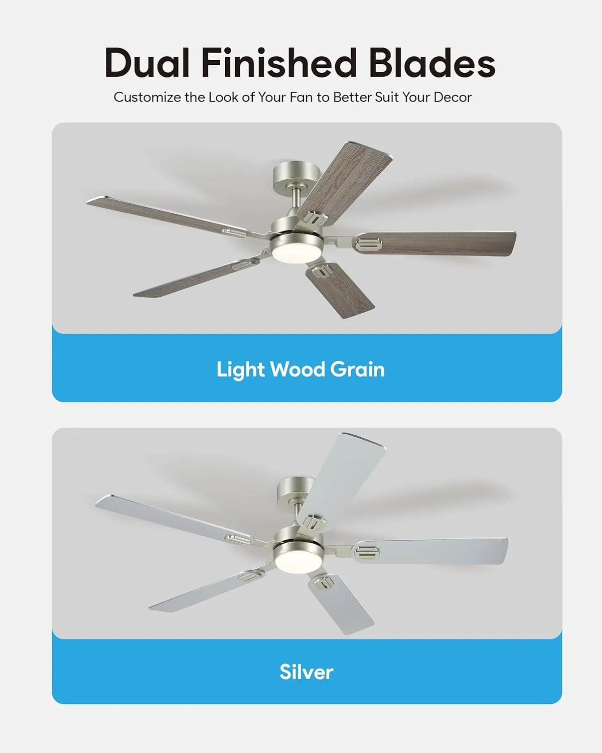 VONLUCE Ceiling Fans with Lights and Remote, 52" Ceiling Fan with 5 Blades, 6-Speeds Noiseless Reversible DC Motor for Farmhouse Bedroom Indoor, Grey
