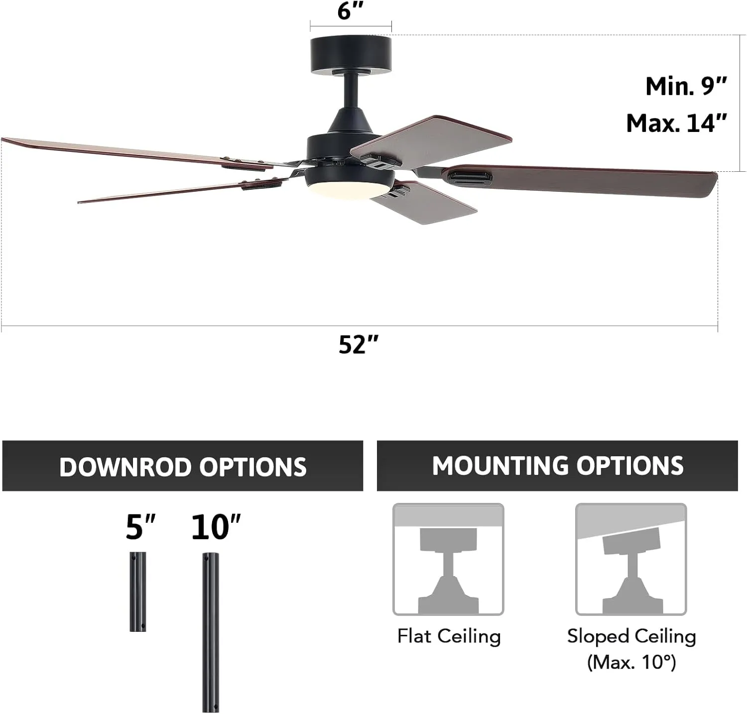 VONLUCE Ceiling Fans with Lights and Remote, 52" Ceiling Fan with 5 Blades, 6-Speeds Noiseless Reversible DC Motor for Farmhouse Bedroom Indoor, Walnut