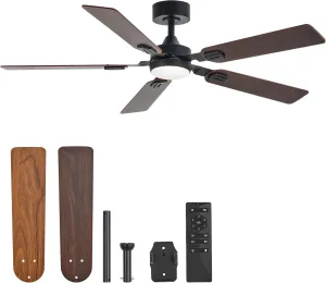 VONLUCE Ceiling Fans with Lights and Remote, 52" Ceiling Fan with 5 Blades, 6-Speeds Noiseless Reversible DC Motor for Farmhouse Bedroom Indoor, Walnut Fan with safety blade design