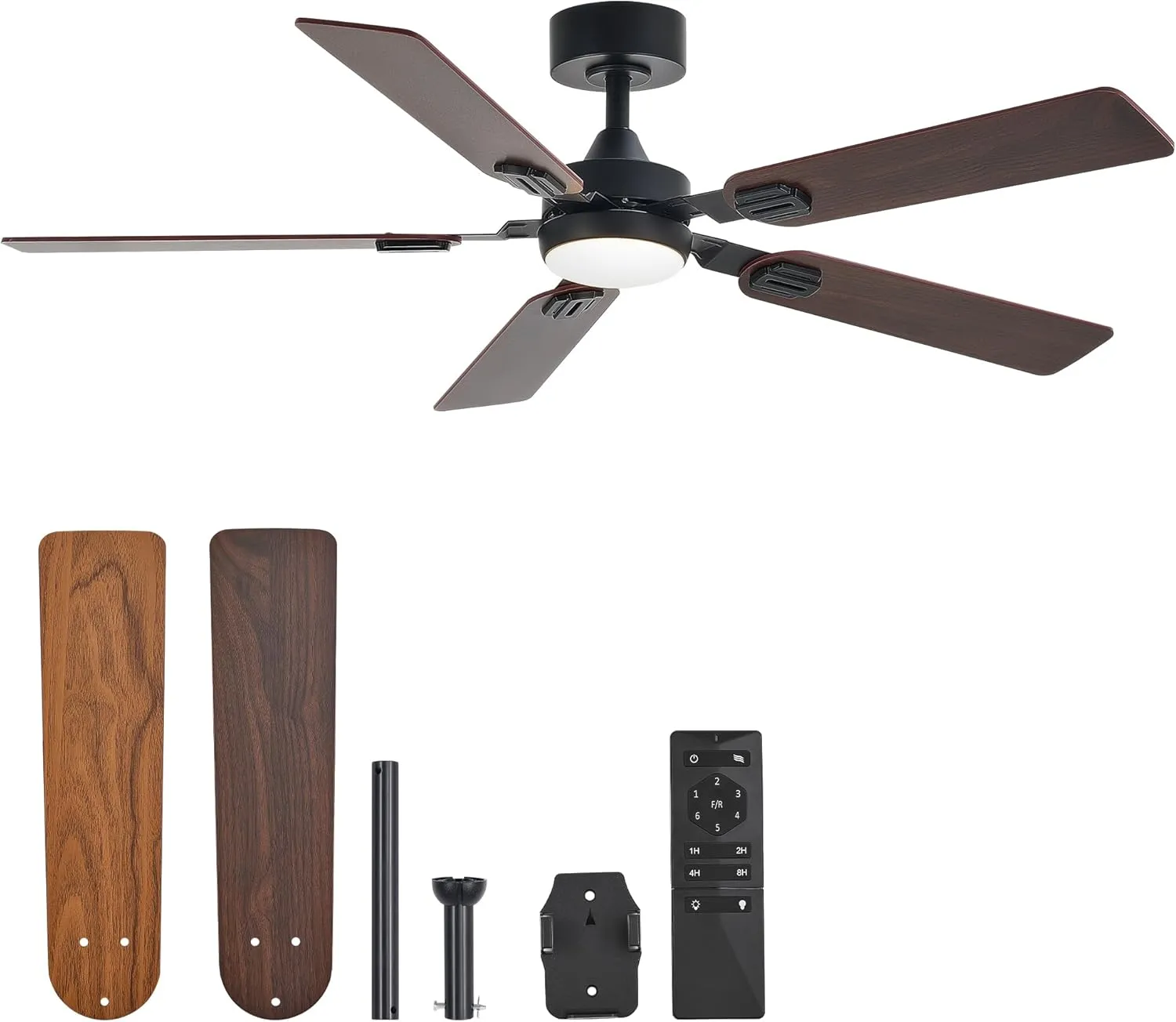 VONLUCE Ceiling Fans with Lights and Remote, 52" Ceiling Fan with 5 Blades, 6-Speeds Noiseless Reversible DC Motor for Farmhouse Bedroom Indoor, Walnut Fan with safety blade design