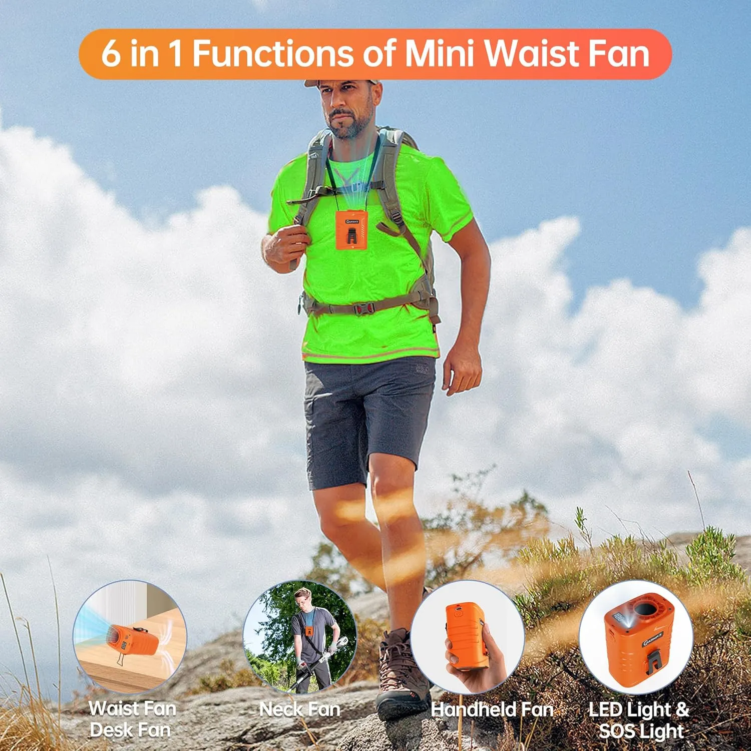 Waist Clip Fan - 5000mAh Rechargeable Portable Personal Fan, 39ft/s Ultra-Strong Wind, 29H Runtime, 5 Speeds, LED & SOS Light, for Outdoor, Camping, Hiking, Construction
