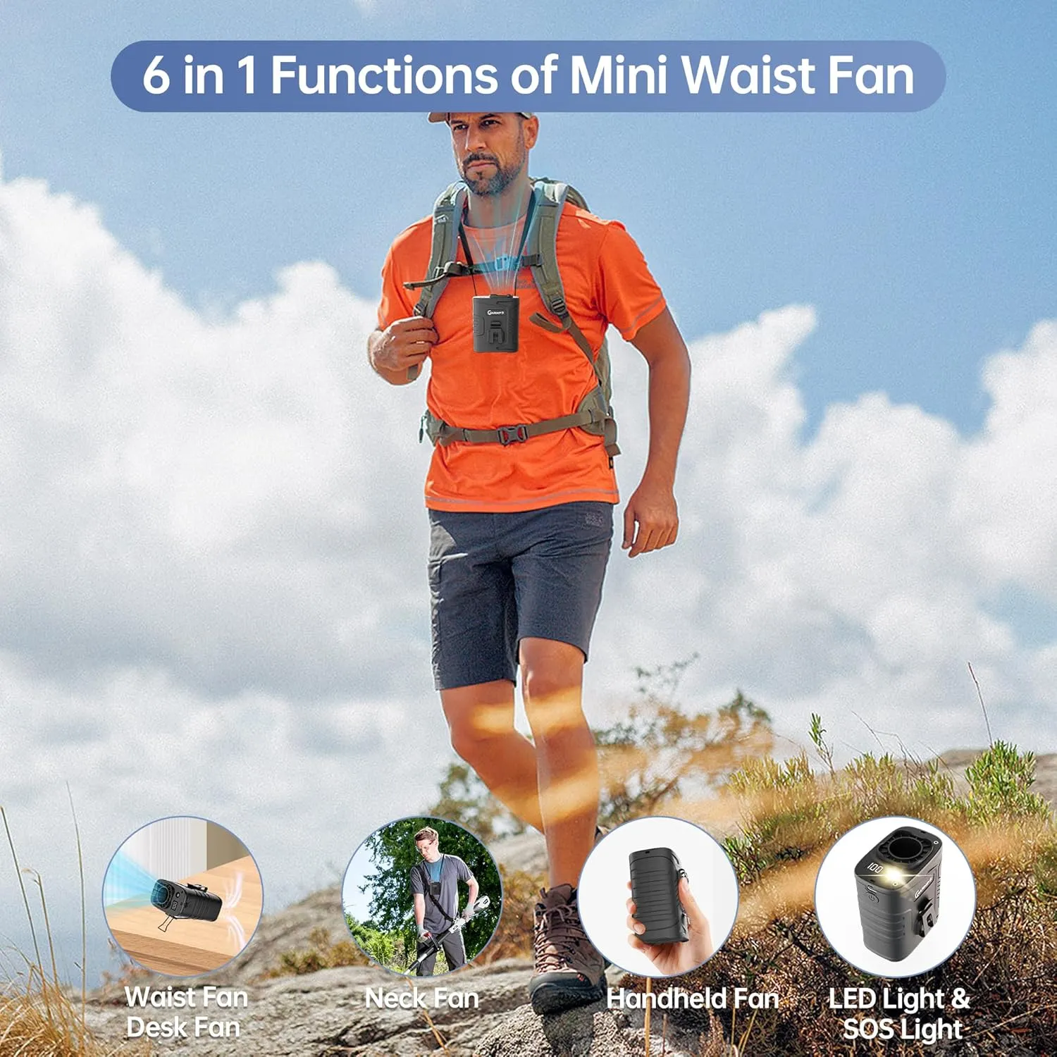 Waist Clip Fan - 5000mAh Rechargeable Portable Personal Fan, 39ft/s Ultra-Strong Wind, 29H Runtime, 5 Speeds, LED & SOS Light, for Outdoor, Camping, Hiking, Construction