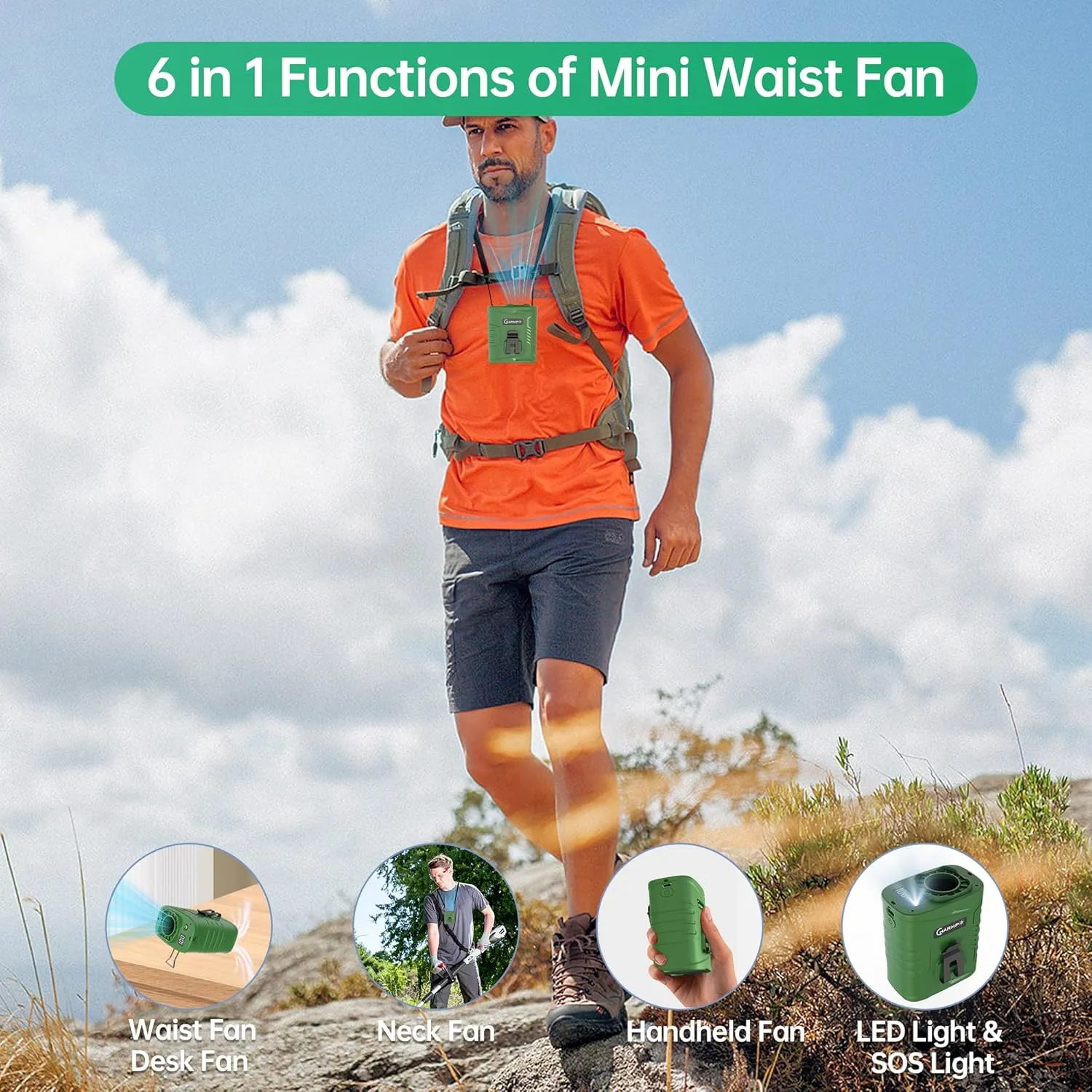 Waist Clip Fan - 5000mAh Rechargeable Portable Personal Fan, 39ft/s Ultra-Strong Wind, 29H Runtime, 5 Speeds, LED & SOS Light for Outdoor, Camping, Hiking, Construction