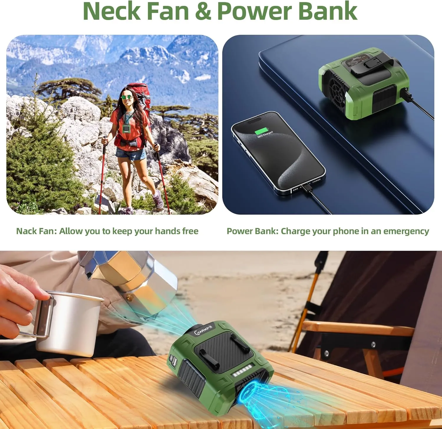 Waist Fan - 10000mAh Rechargeable, 24H Cooling, 16000RPM Strong Airflow, 3-Speed Portable Belt Fan with LED SOS & Red-blue Warning Light for Jobsite, Camping, Travel, Farming