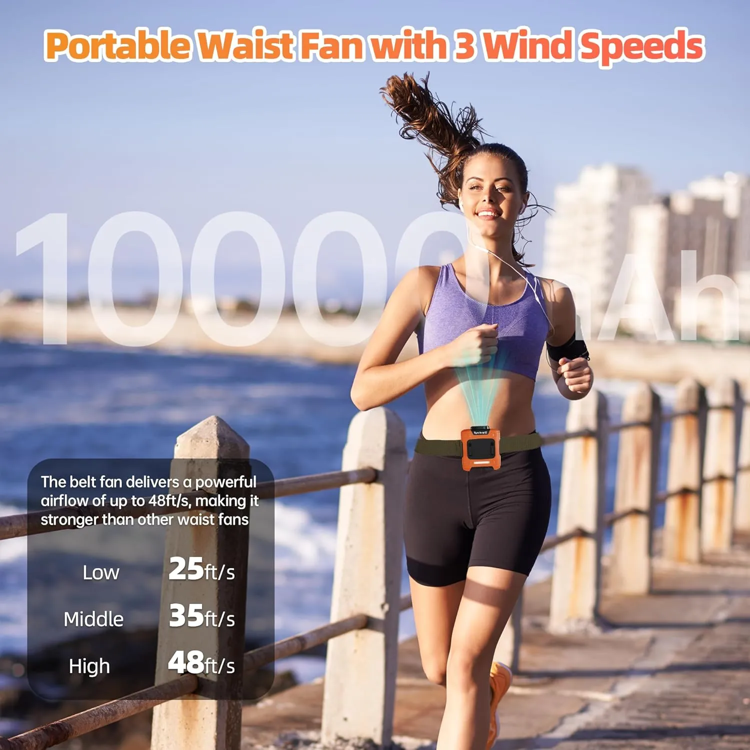 Waist Fan - Portable Belt Clip Fan with 10000mAh Battery, 24H Working Time, 3 Speeds, LED SOS Light, 16000RPM Strong Airflow for Jobsite, Farm, Garden, Cycling