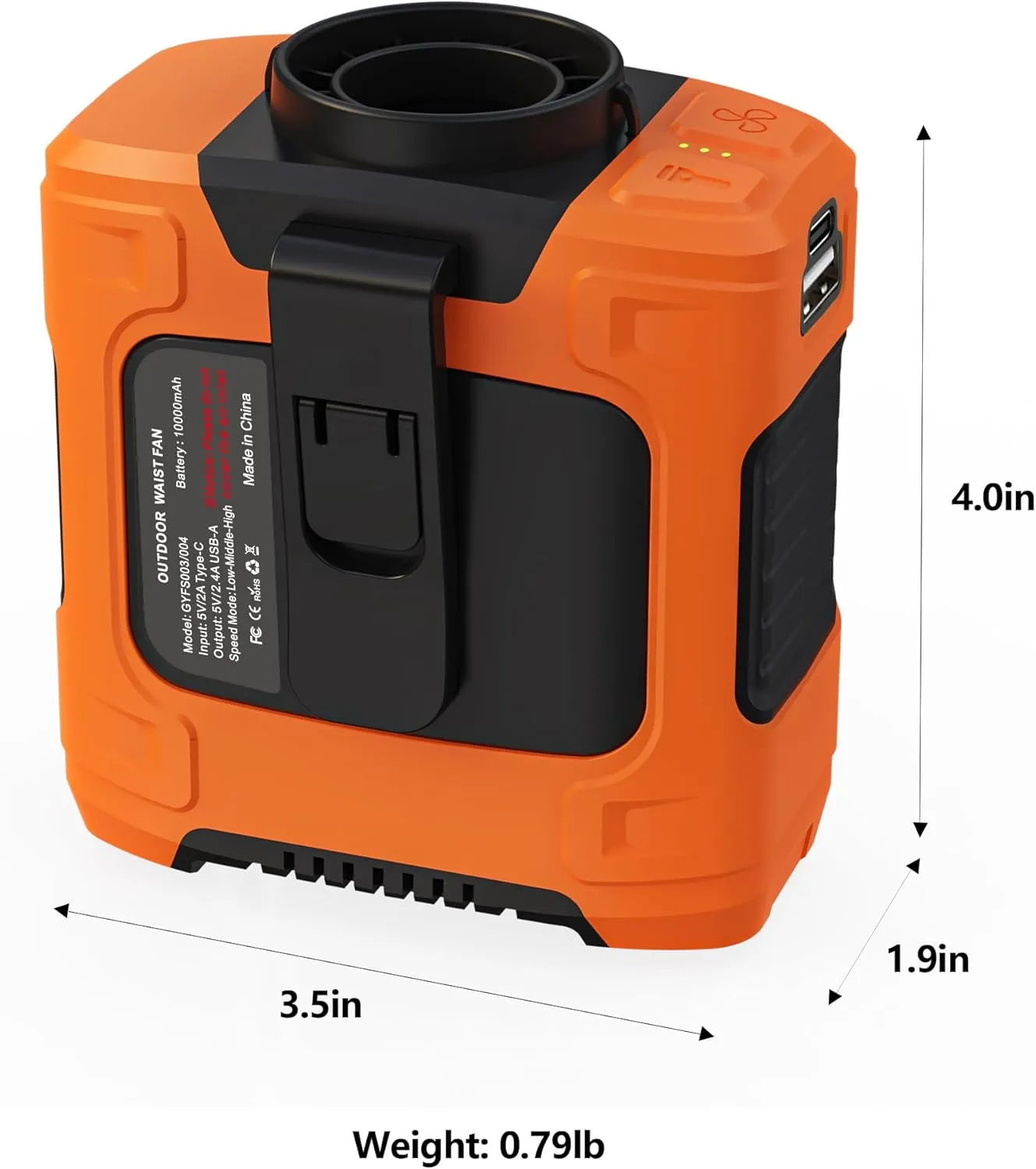 Waist Fan - Portable Cooling Clip Belt Fan with 10000mAh Battery, 24H Working Time, 3 Speeds, 16000RPM Airflow, LED SOS Warning Light for Jobsite, Farming, Fishing, Hot Summer