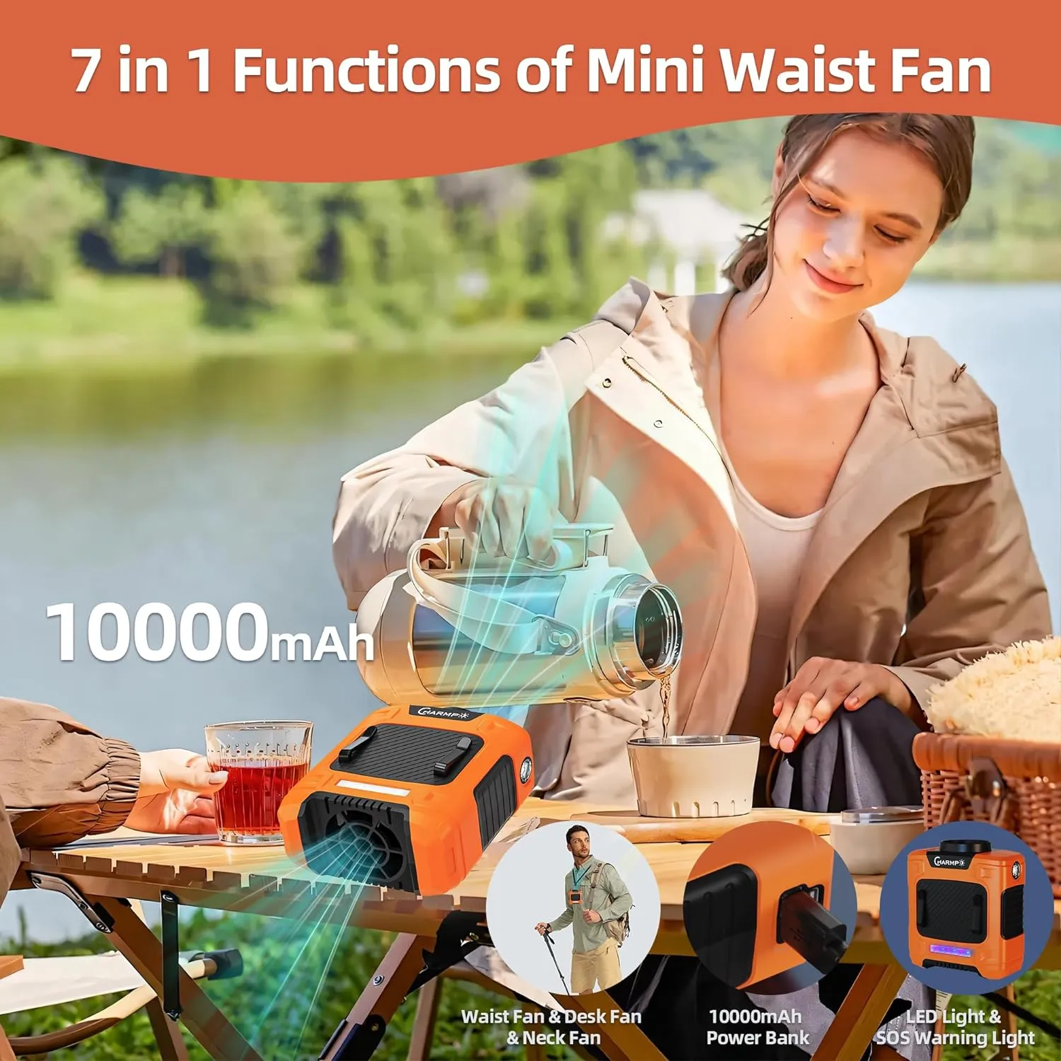 Waist Fan - Portable Cooling Clip Belt Fan with 10000mAh Battery, 24H Working Time, 3 Speeds, 16000RPM Airflow, LED SOS Warning Light for Jobsite, Farming, Fishing, Hot Summer