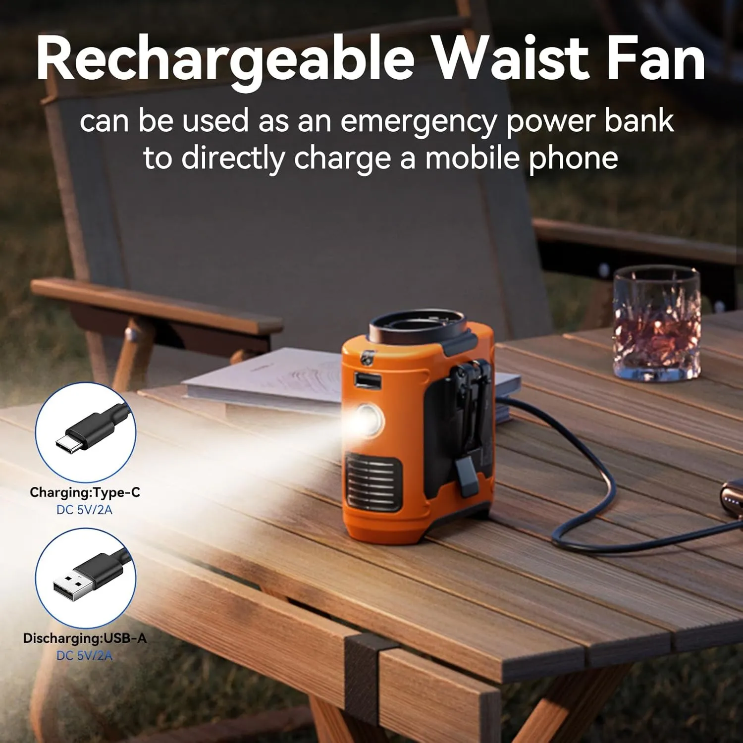 Waist Fan With Flashlight, Personal Portable USB Rechargeable Waist Clip - 10000mAh, 36hrs Wearable Cooler
