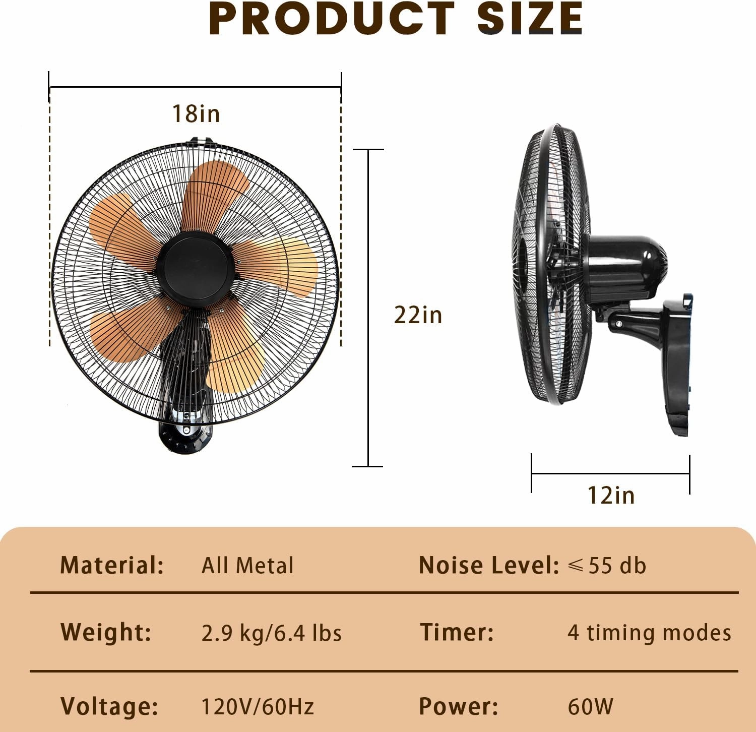 Wall Mount Fan with Remote, 3-speed Wall Oscillating Quiet Fan with 5 Blades, Adjustable Tilt and Timing, 18 Inch High Velocity Wall-Mounted Fans for Bedroom, Gym, Office, Warehouse, Garage, Gold