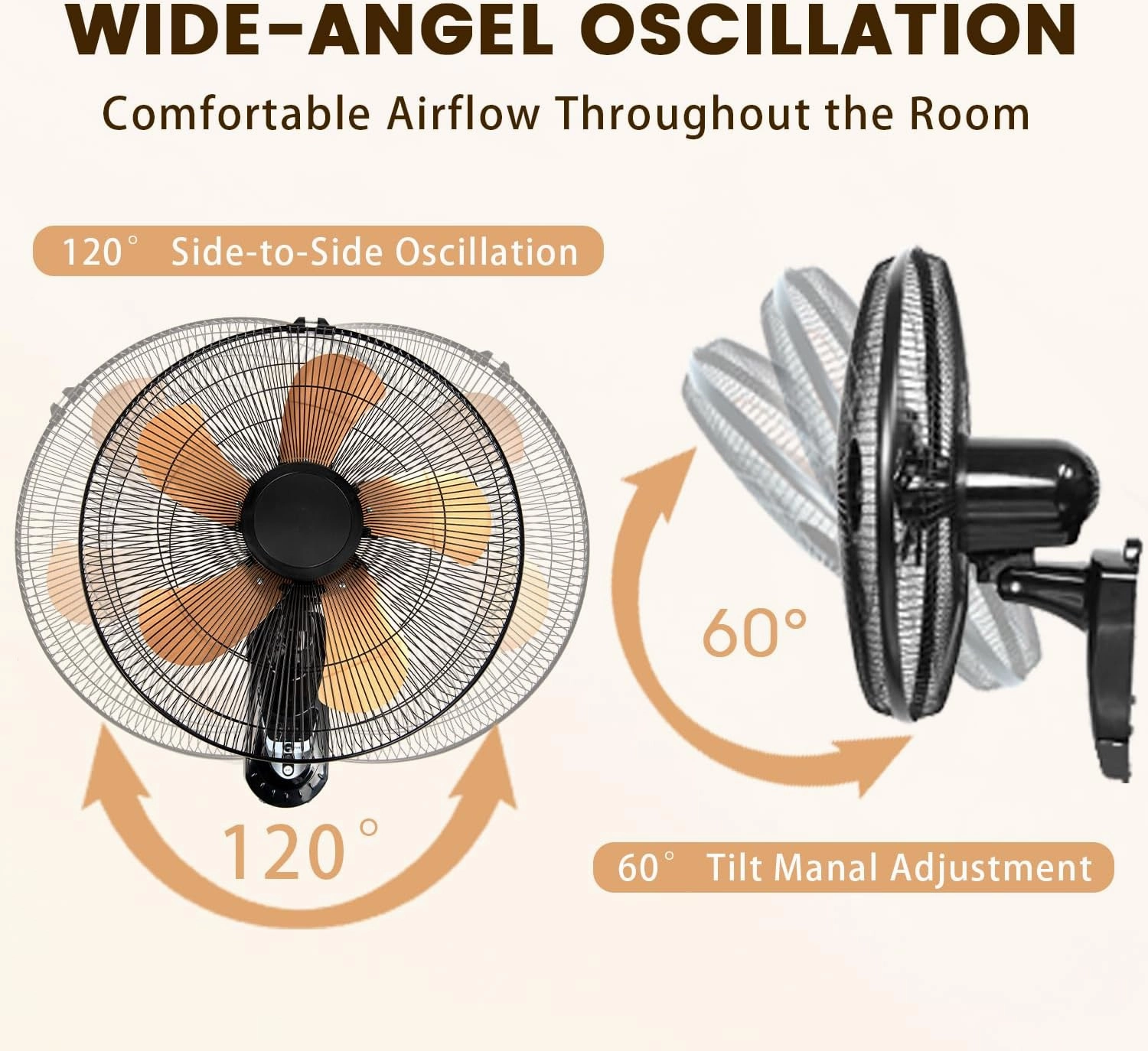 Wall Mount Fan with Remote, 3-speed Wall Oscillating Quiet Fan with 5 Blades, Adjustable Tilt and Timing, 18 Inch High Velocity Wall-Mounted Fans for Bedroom, Gym, Office, Warehouse, Garage, Gold