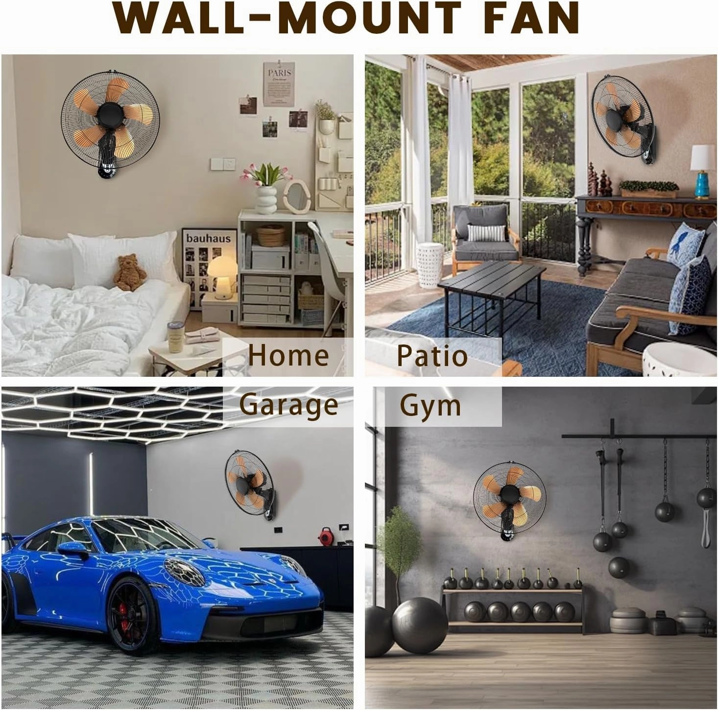 Wall Mount Fan with Remote, 3-speed Wall Oscillating Quiet Fan with 5 Blades, Adjustable Tilt and Timing, 18 Inch High Velocity Wall-Mounted Fans for Bedroom, Gym, Office, Warehouse, Garage, Gold