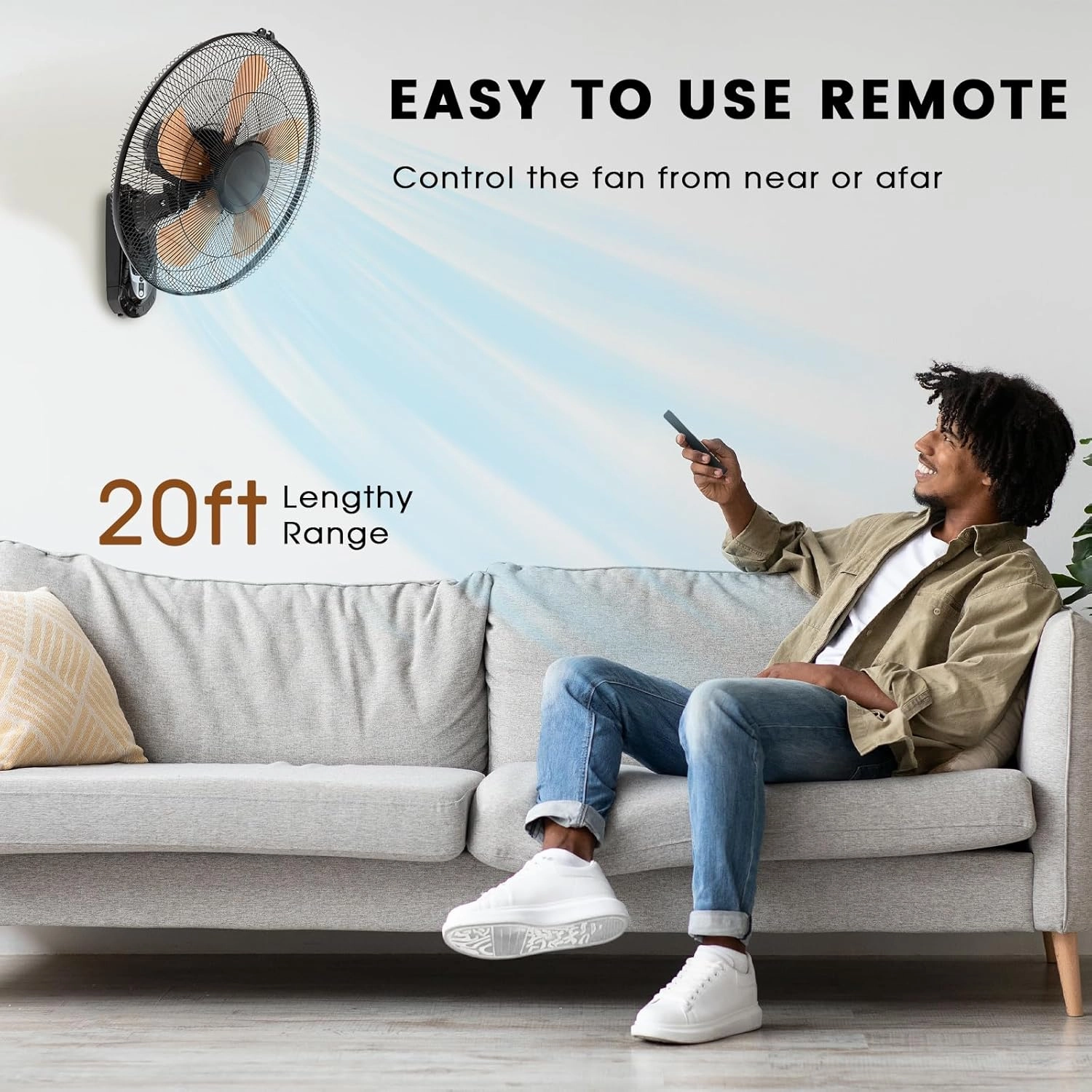Wall Mount Fan with Remote Control Wall Mounted Oscillating Fan with 3 Speed Settings,18 Inch Adjustable Tilt and Timing for Bedroom,Gold 1 Pack