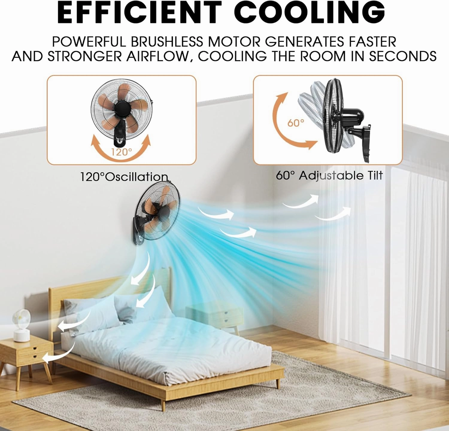 Wall Mount Fan with Remote Control Wall Mounted Oscillating Fan with 3 Speed Settings,18 Inch Adjustable Tilt and Timing for Bedroom,Gold 1 Pack