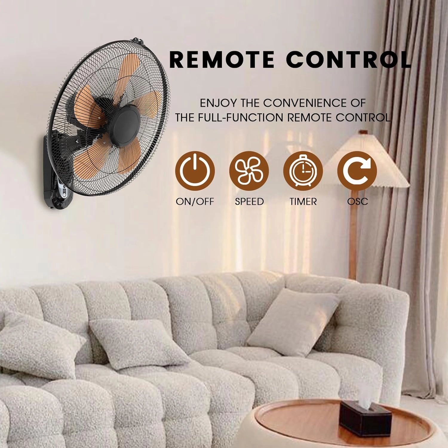Wall Mount Fan with Remote Control Wall Mounted Oscillating Fan with 3 Speed Settings,18 Inch Adjustable Tilt and Timing for Bedroom,Gold 1 Pack